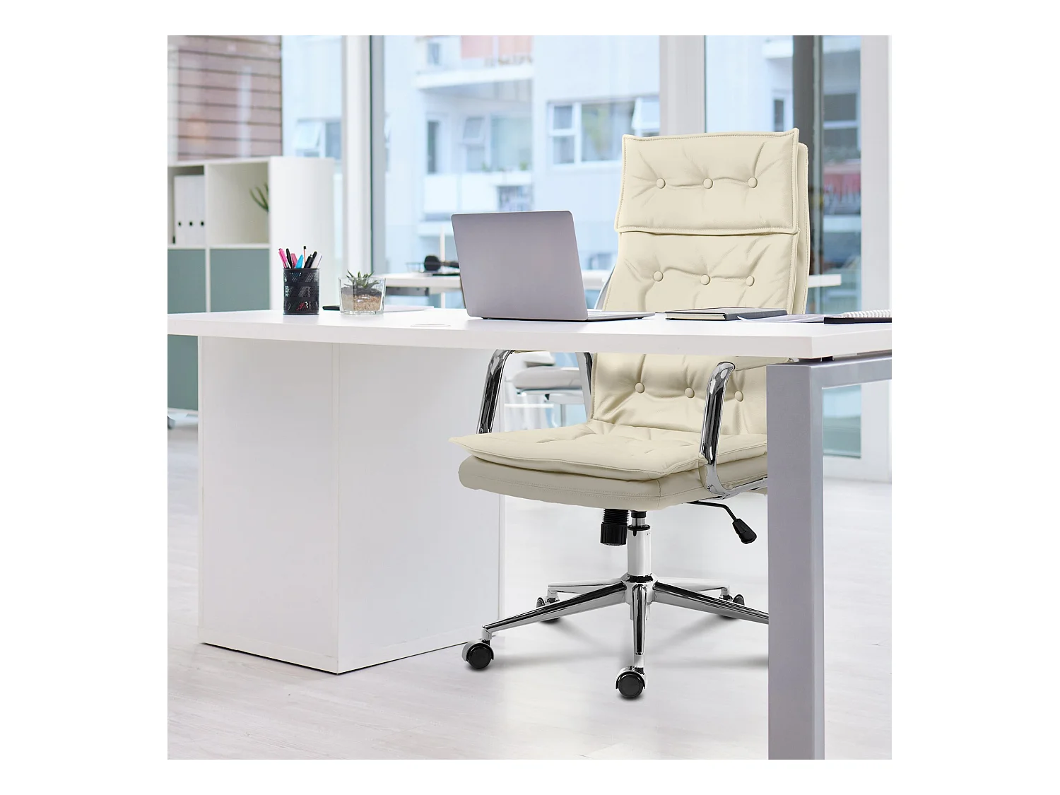 Chaise de bureau - Véritable cuir & Métal chromé - Crème - Sotira