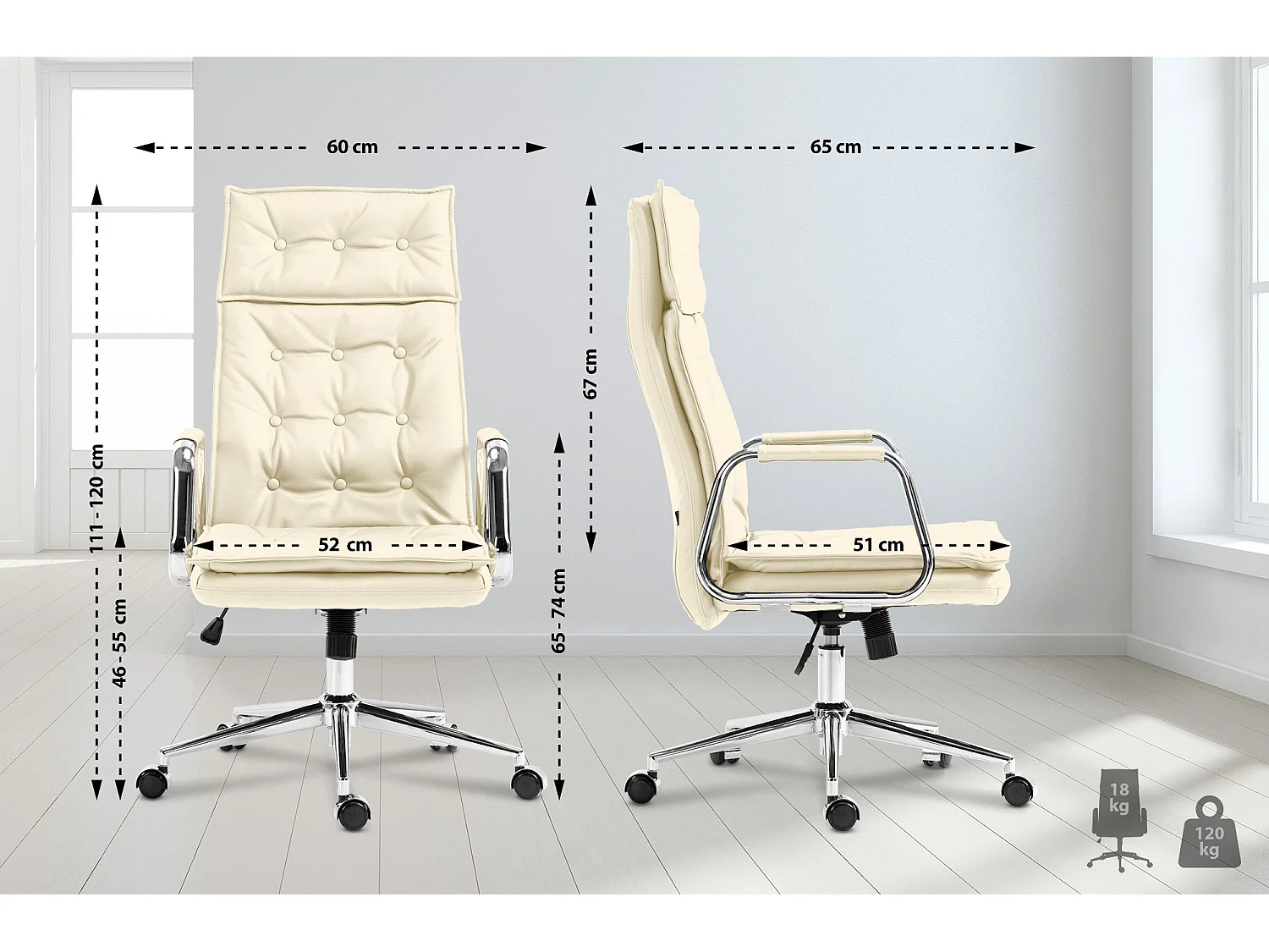 Chaise de bureau - Véritable cuir & Métal chromé - Crème - Sotira