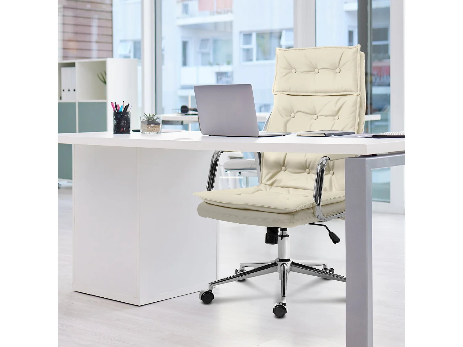 Chaise de bureau - Véritable cuir & Métal chromé - Crème - Sotira