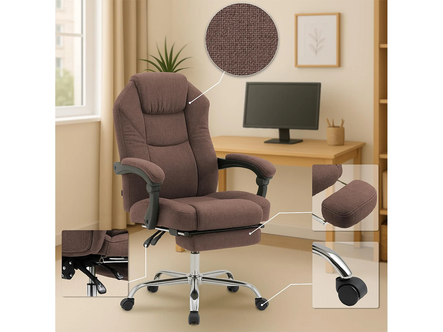 Chaise de bureau - Tissu & Noyer - Marron - Castle