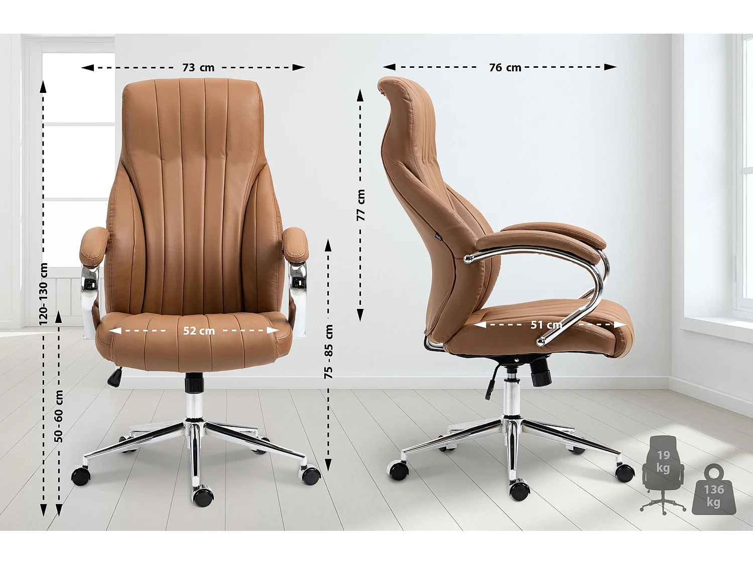 Chaise de bureau - Véritable cuir & Métal chromé - Marron clair - Wigan