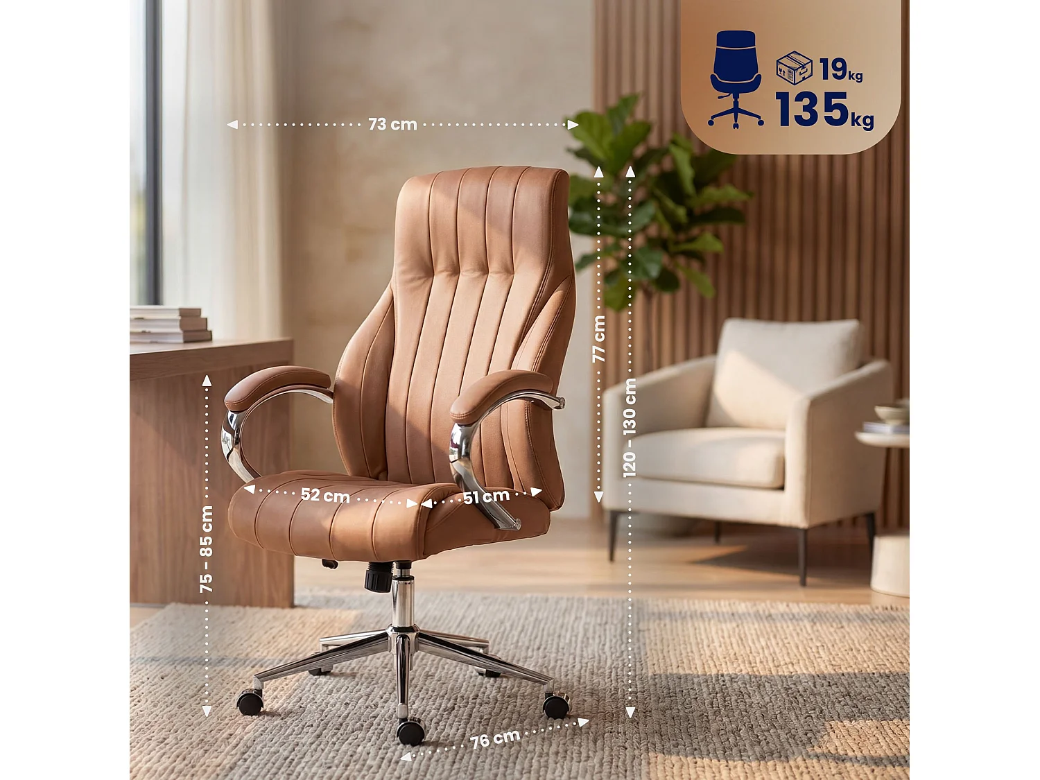Chaise de bureau - Véritable cuir & Nature - Marron clair - Wigan