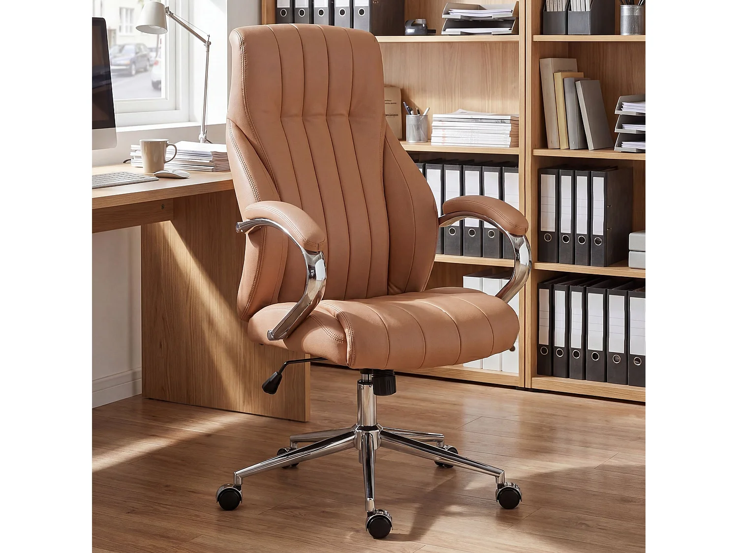 Chaise de bureau - Véritable cuir & Nature - Marron clair - Wigan