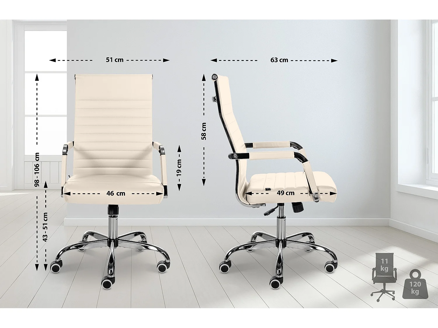 Bureaustoel - Kunstleer & Metaal in chroomoptiek - creme - Amadora