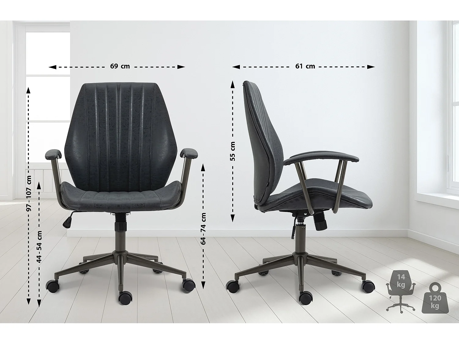 Chaise de bureau - Similicuir & Chrome - Noir antique - Nampa