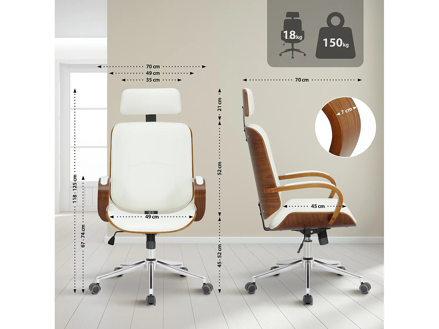 Bureaustoel - Kunstleer - walnoot/wit - Dayton