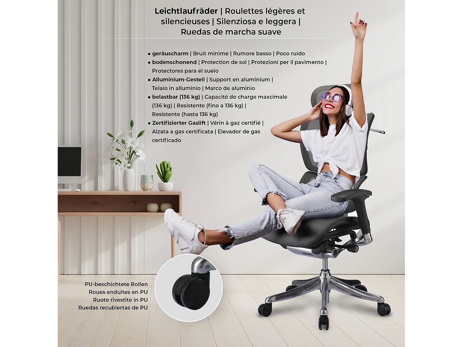 Chaise de bureau - Plastique & Aluminium - Gris - Norfolk