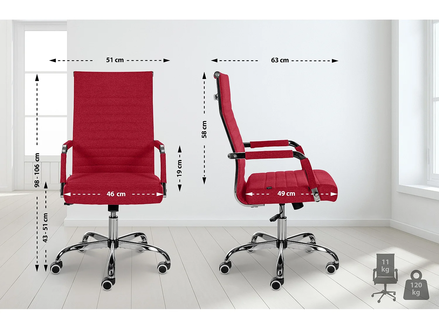 Chaise de bureau - Tissu & Métal chromé - Rouge - Amadora