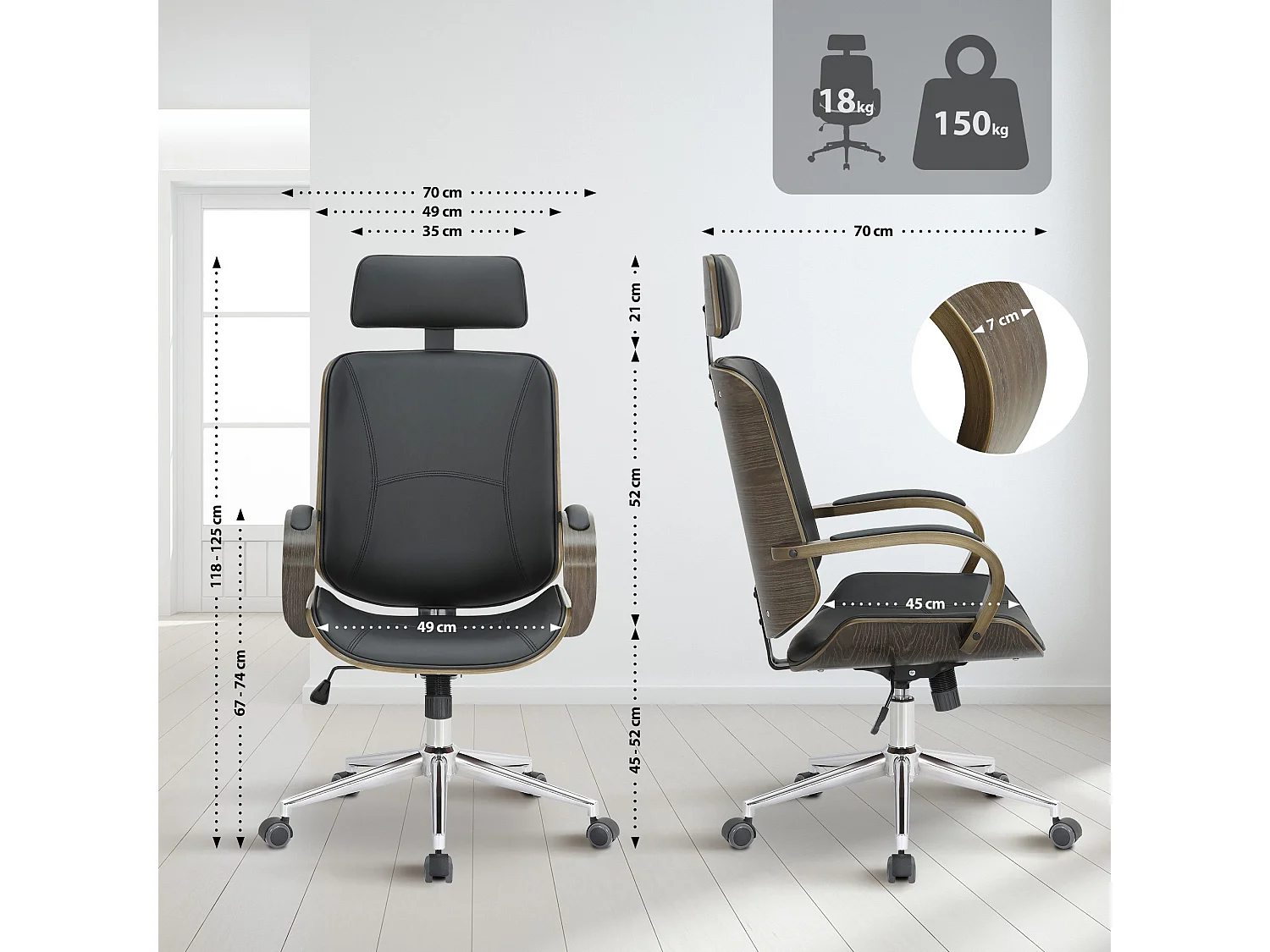 Chaise de bureau - Similicuir - Noir / Gris - Dayton