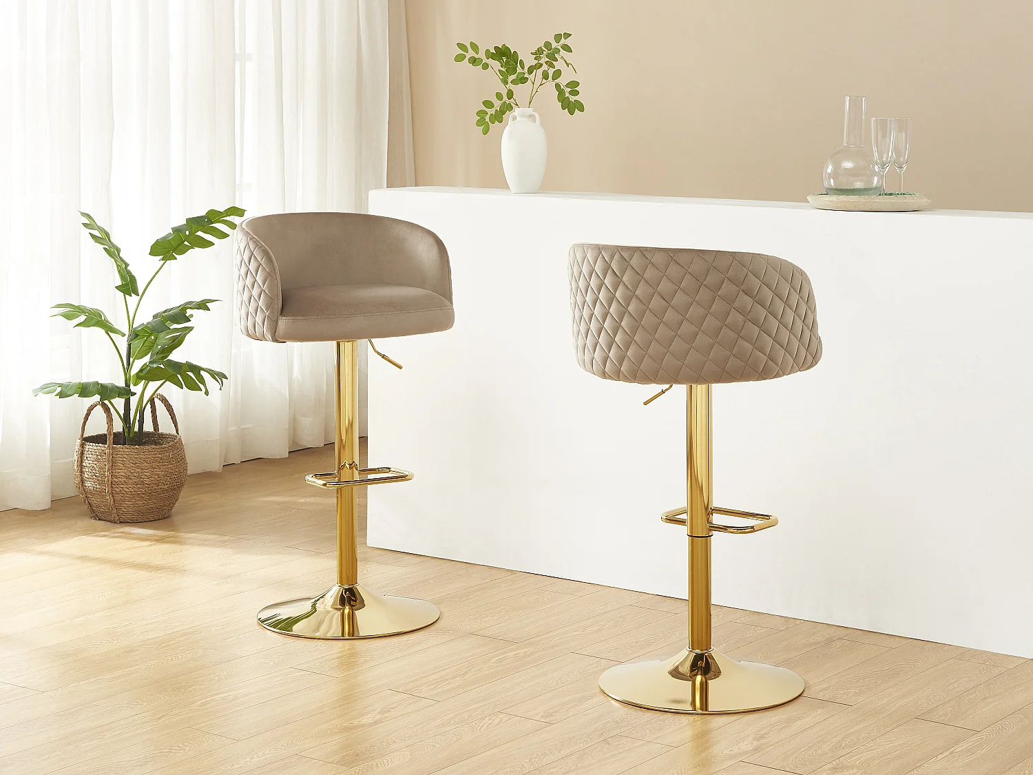 Tabouret de bar en velours et métal doré - Hauteur réglable - Beige - PERLANITA de Pascal Morabito