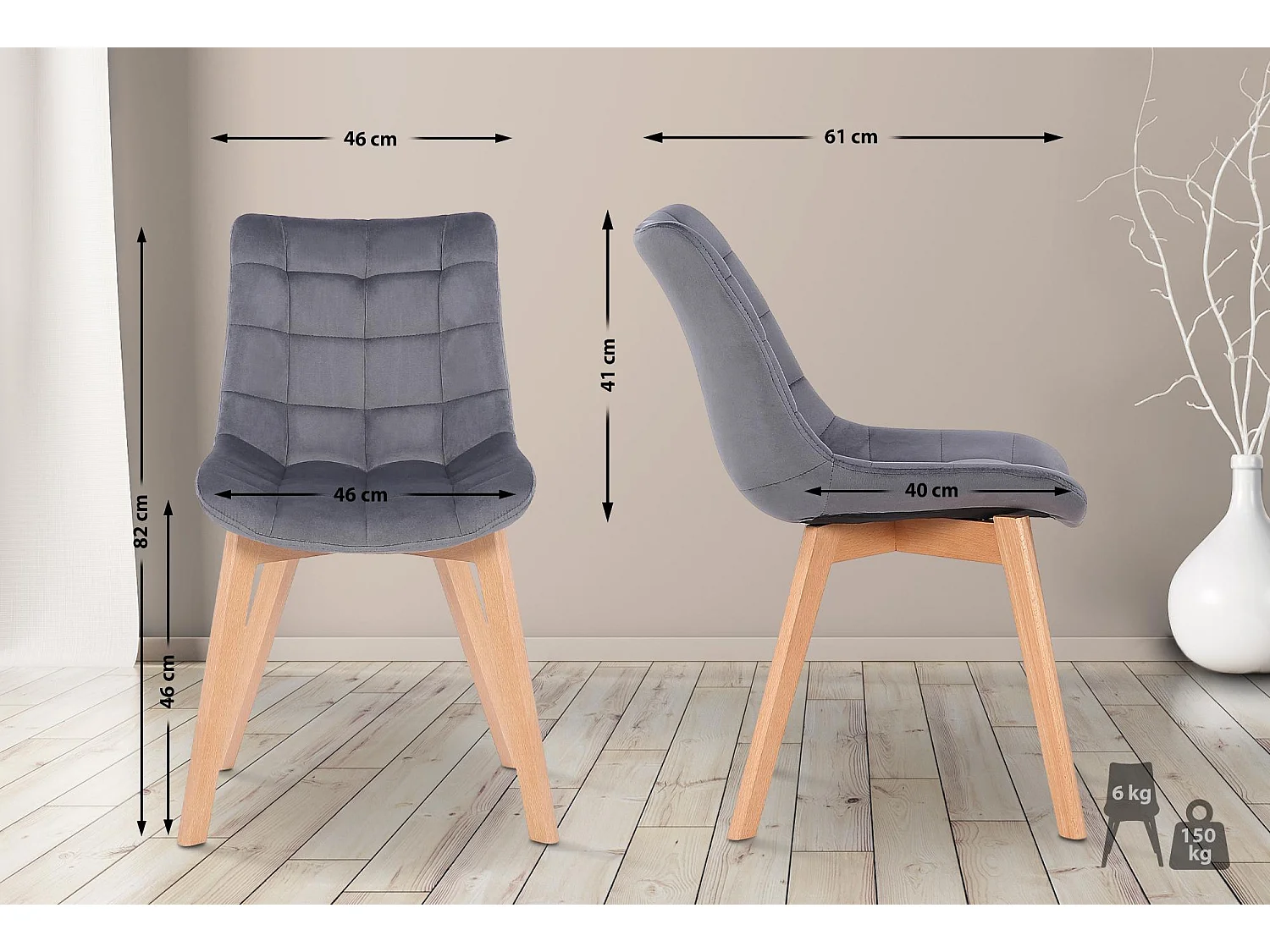 Lot de 2  chaise salle à manger - Velours - Gris - Passaic