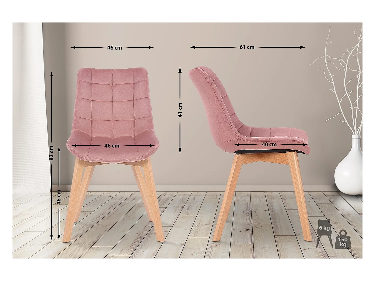 Lot de 2  chaise salle à manger - Velours - Rose - Passaic