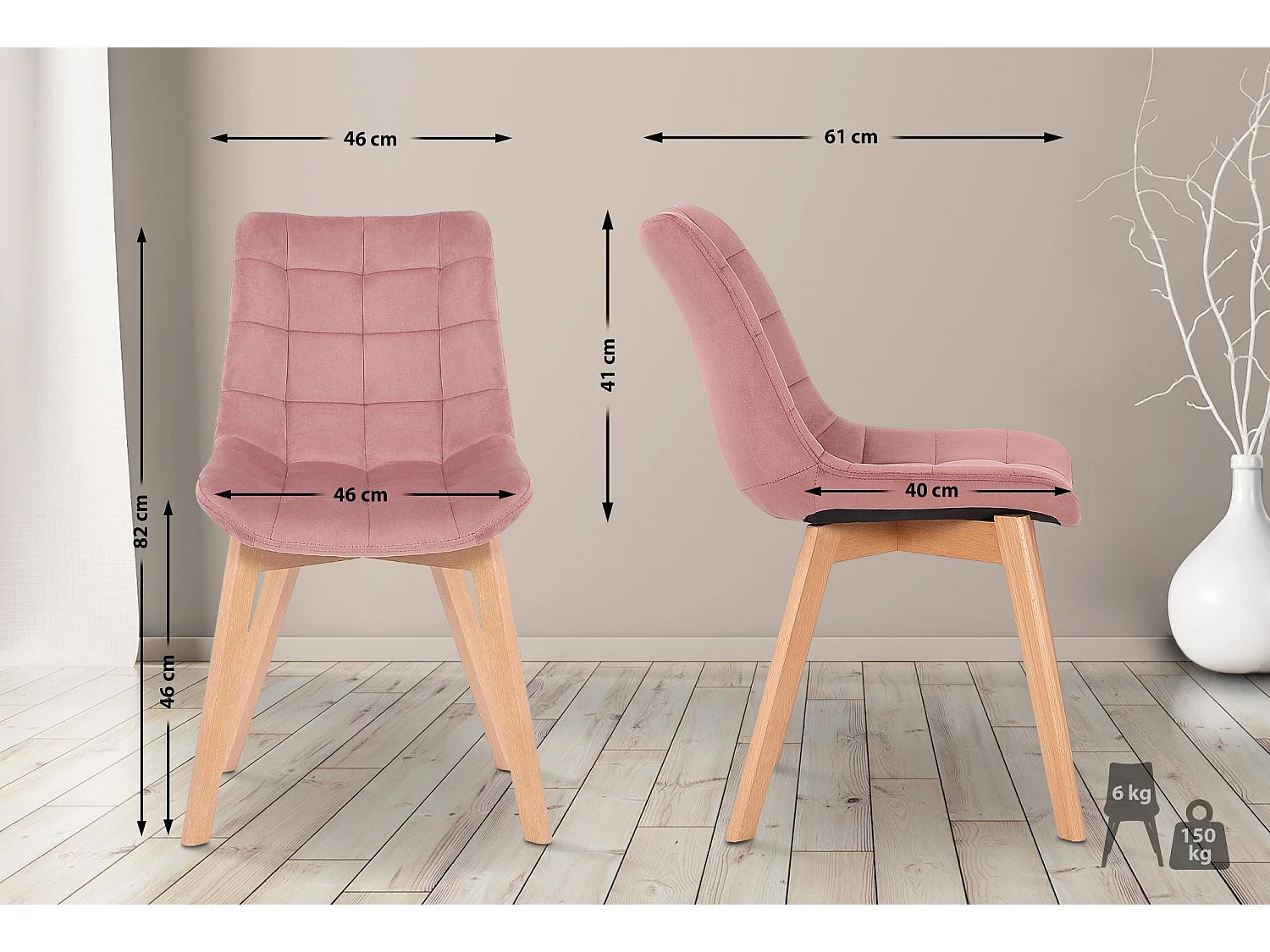 Lot de 2  chaise salle à manger - Velours - Rose - Passaic