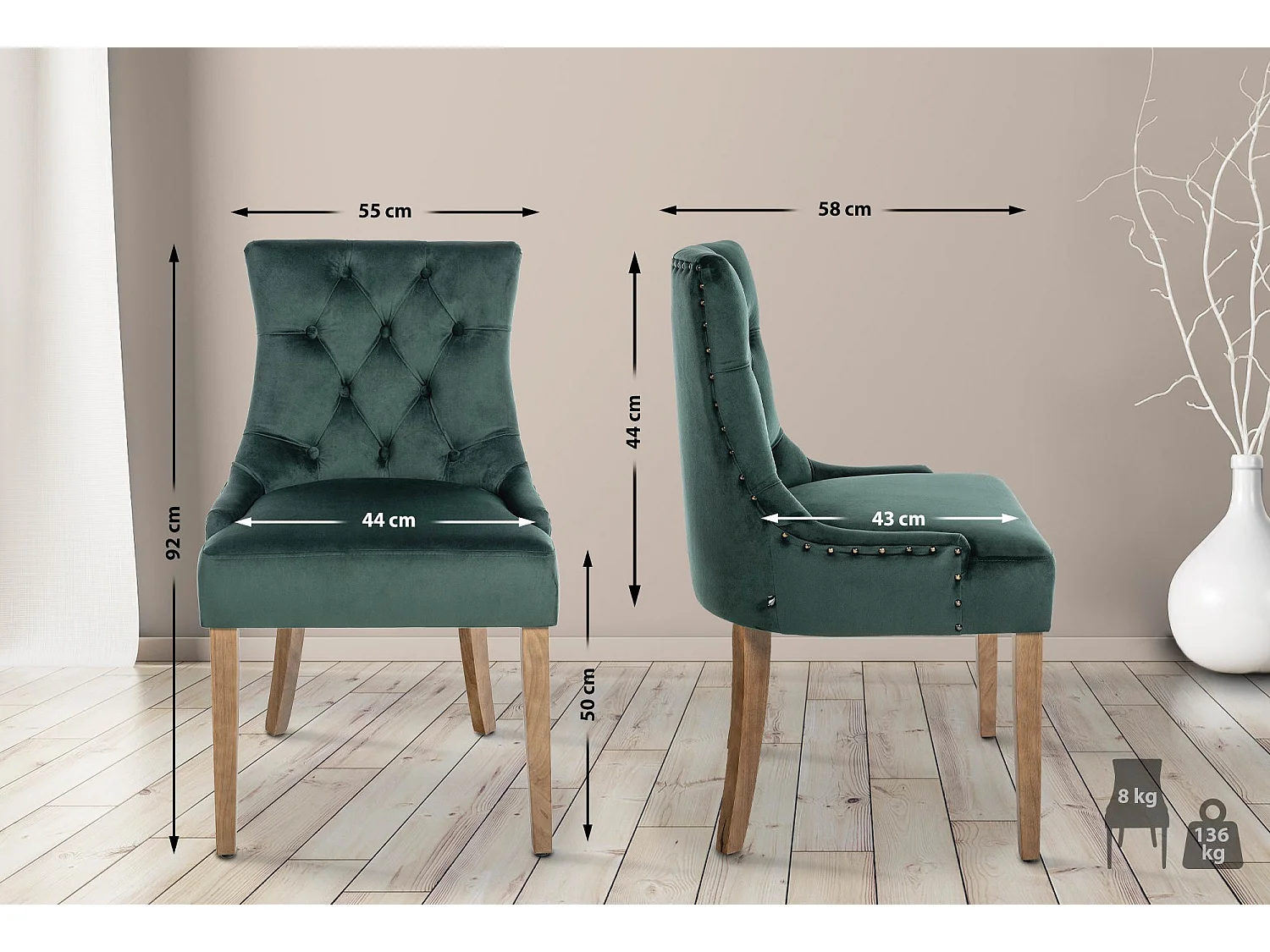 Lot de 4  chaise salle à manger - Velours & Antique clair - Vert foncé - Aberdeen
