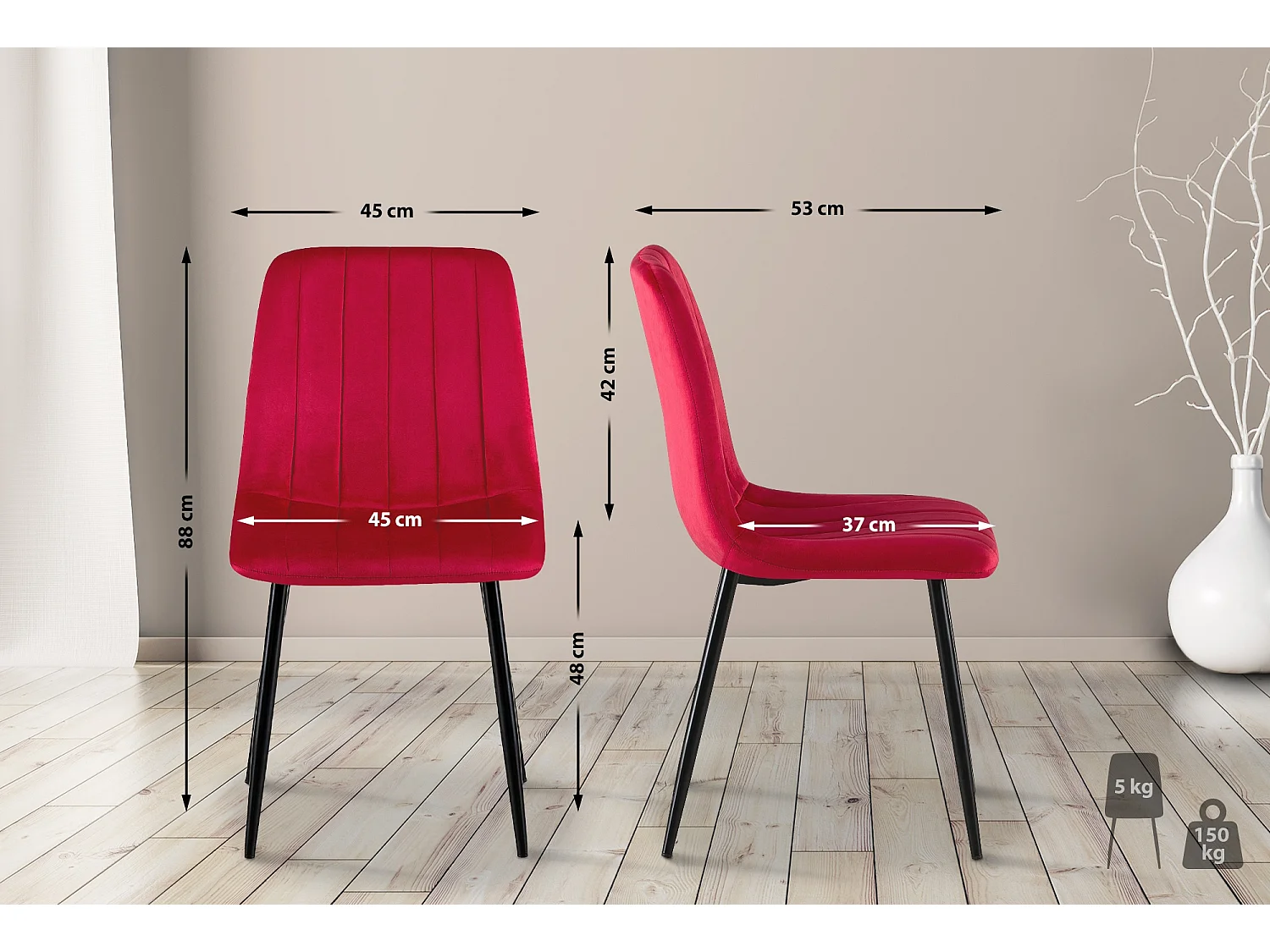 Lot de 4 Chaise de salle à manger - Velours & Métal - Rouge - Dijon