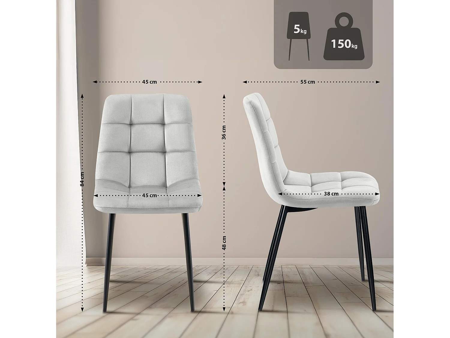 Lot de 4  chaise salle à manger - Velours - Gris - Antibes