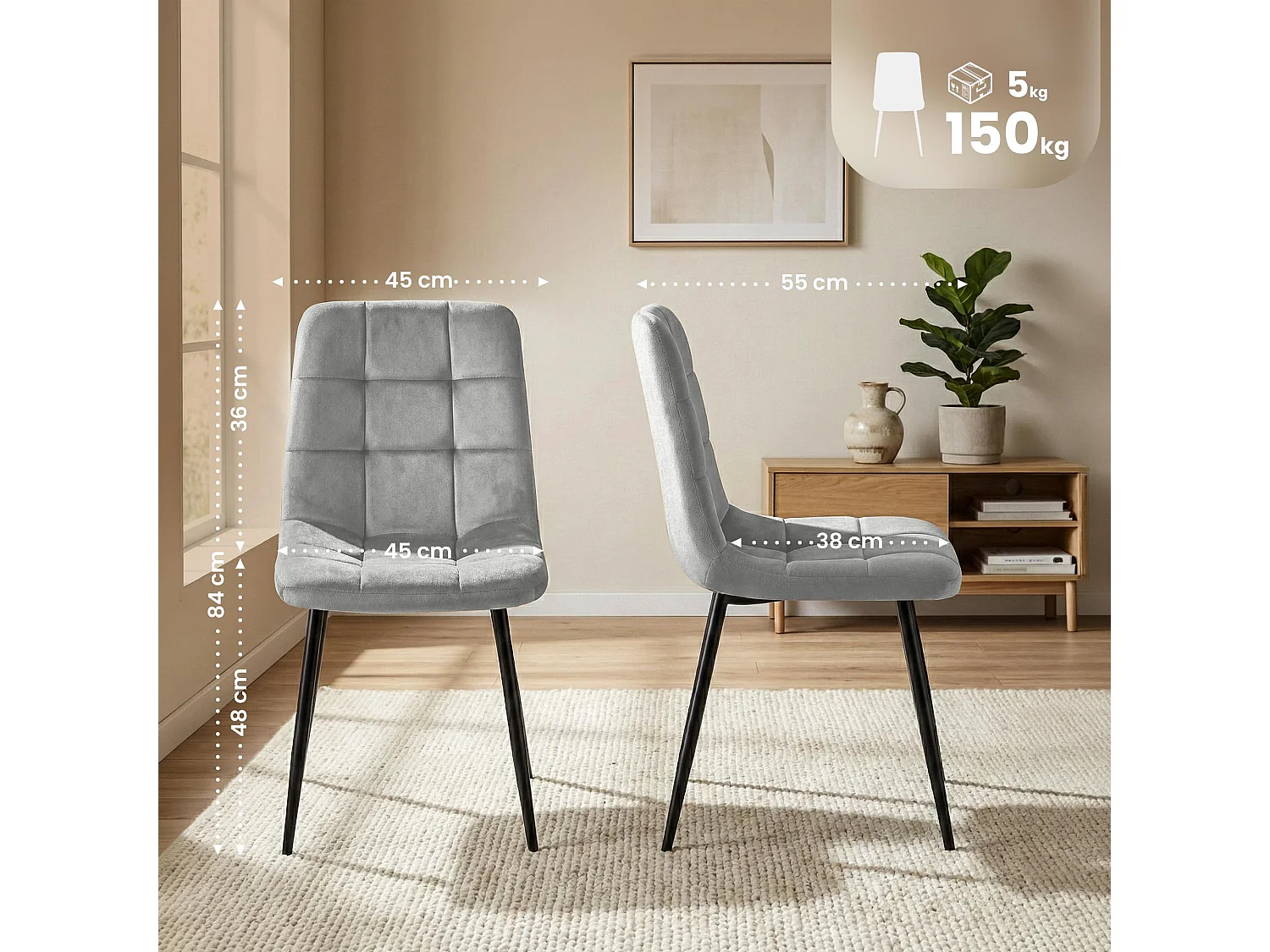 Lot de 4  chaise salle à manger - Velours - Gris - Antibes
