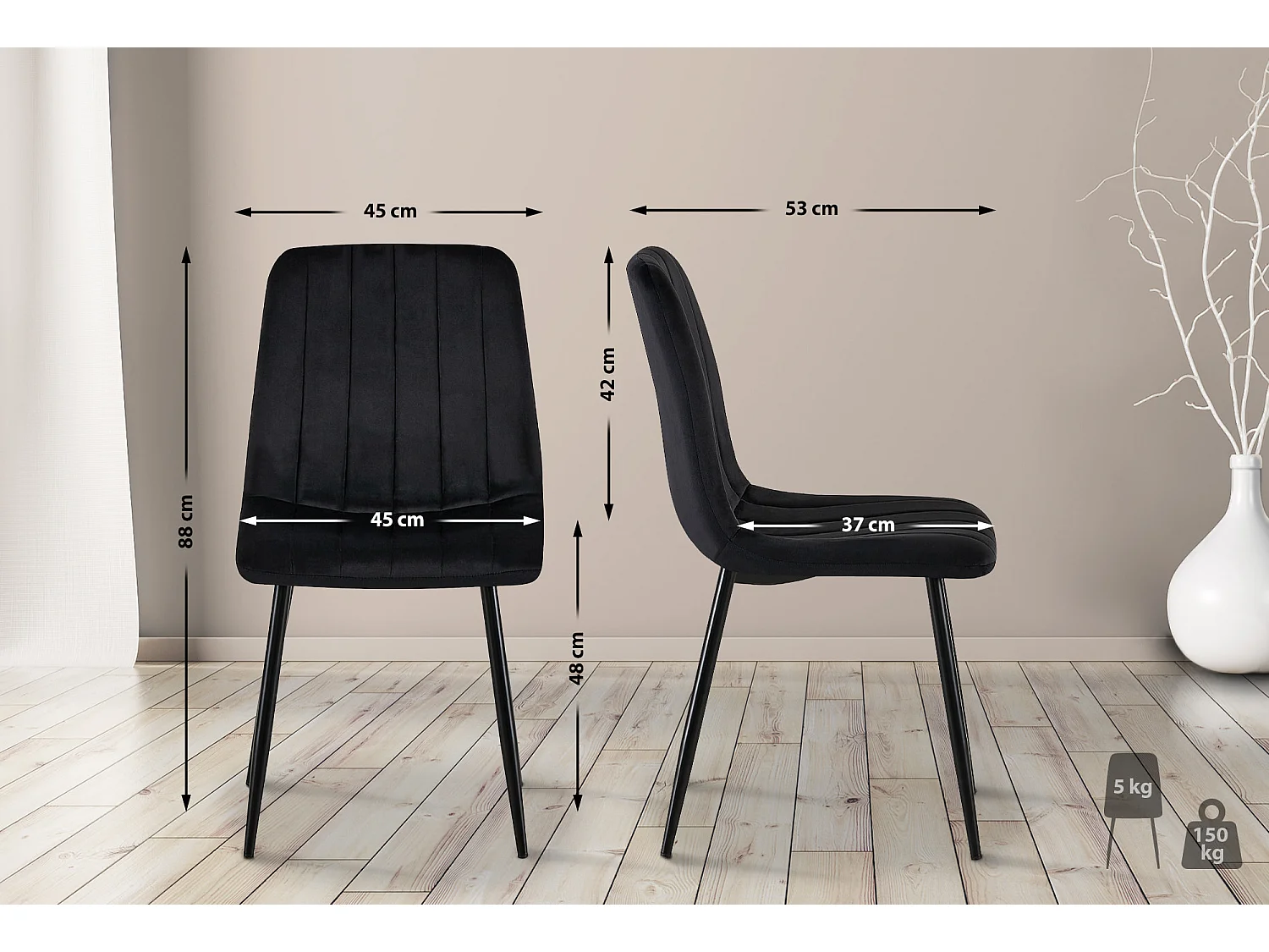 Lot de 4  chaise salle à manger - Velours - Noir - Dijon