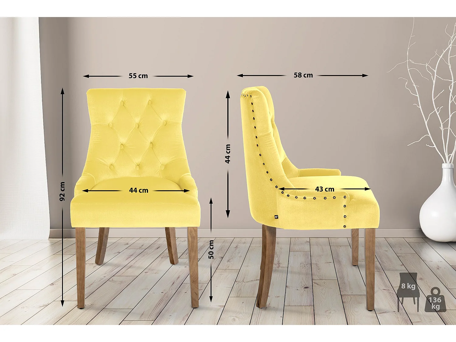 Lot de 4  chaise salle à manger - Velours & Antique clair - Jaune - Aberdeen