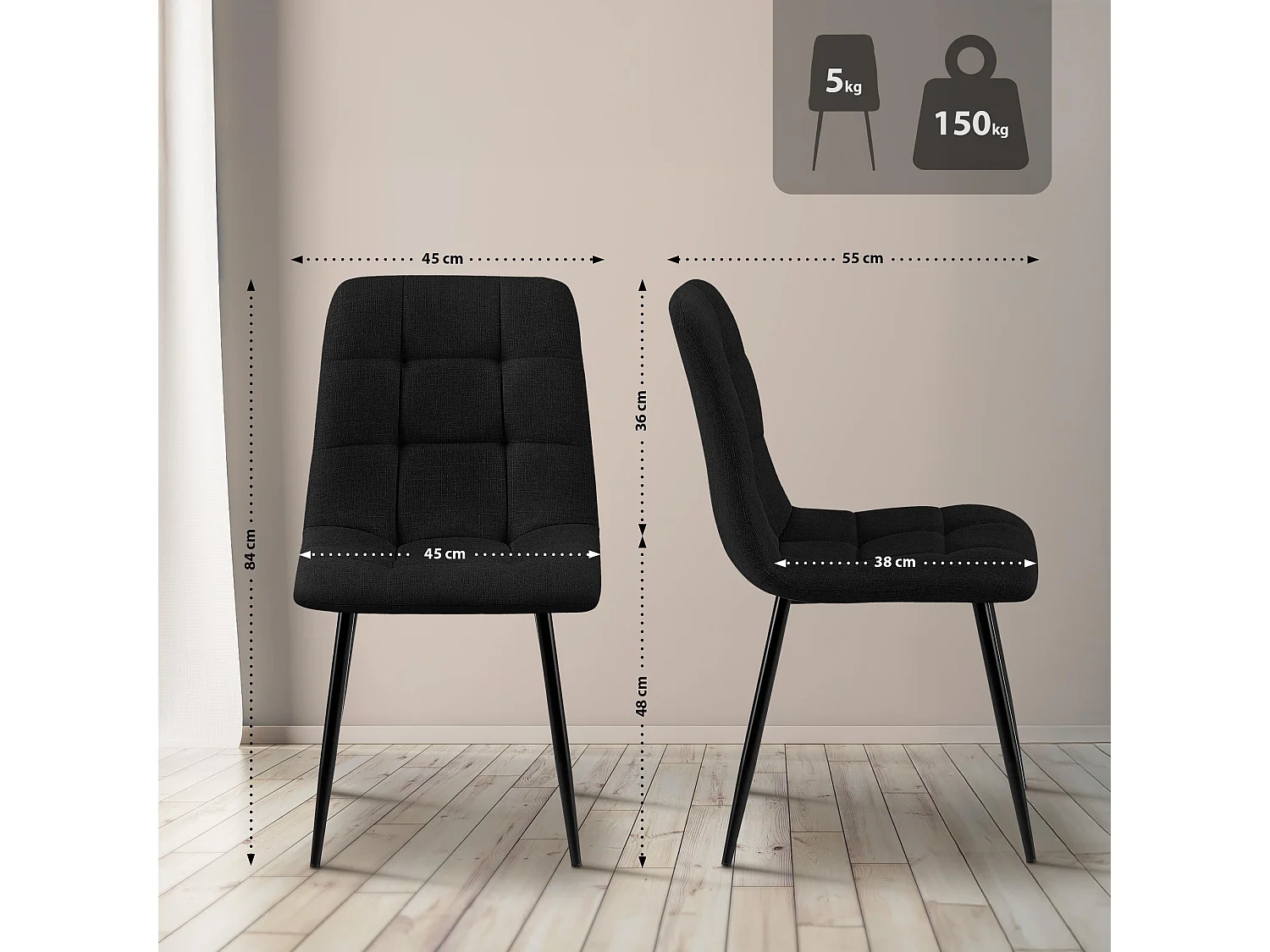 Lot de 2  chaise salle à manger - Tissu - Noir - Tilde