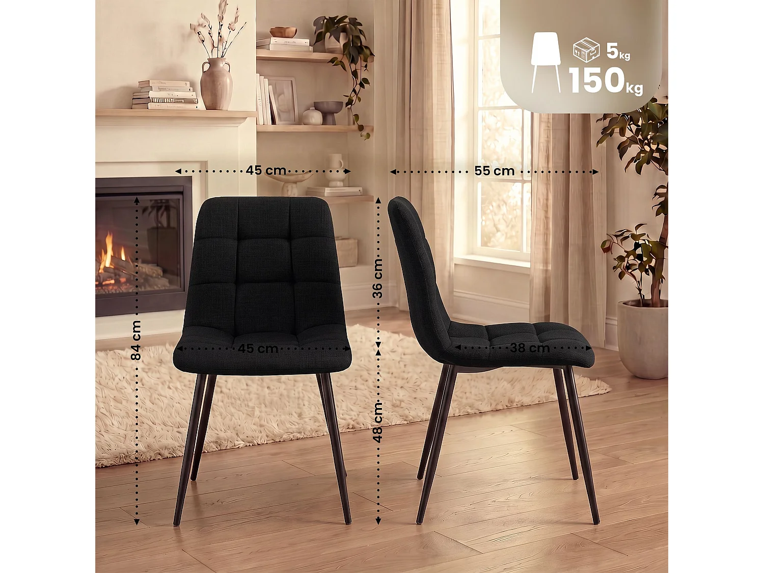 Lot de 2  chaise salle à manger - Tissu - Noir - Tilde