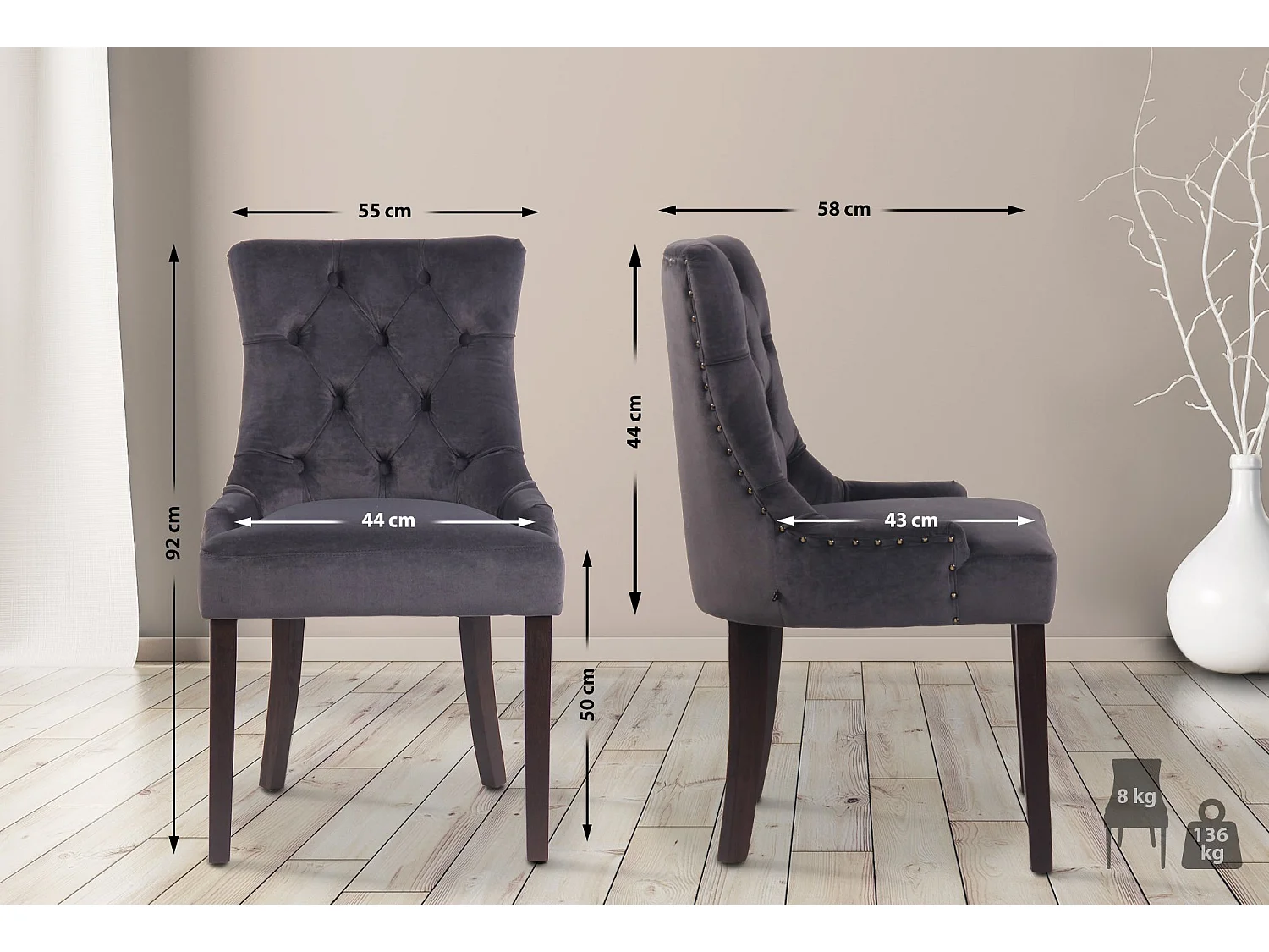 Lot de 4  chaise salle à manger - Velours & Antique - Gris foncé - Aberdeen