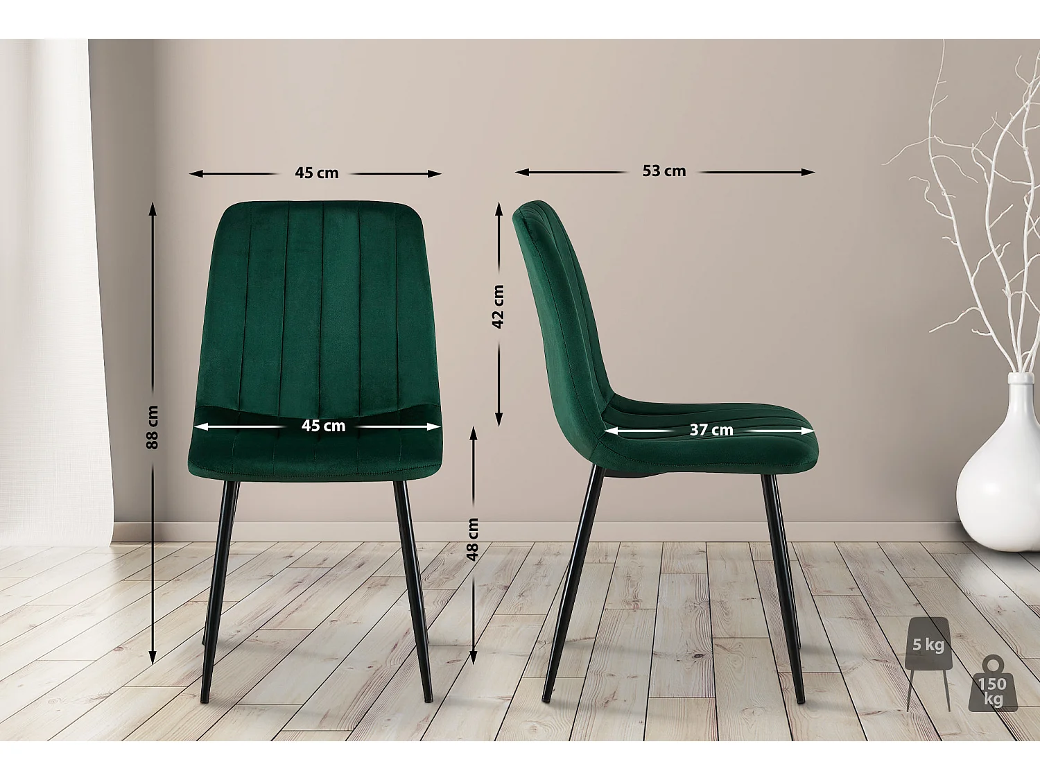 Lot de 4  chaise salle à manger - Velours - Vert - Dijon