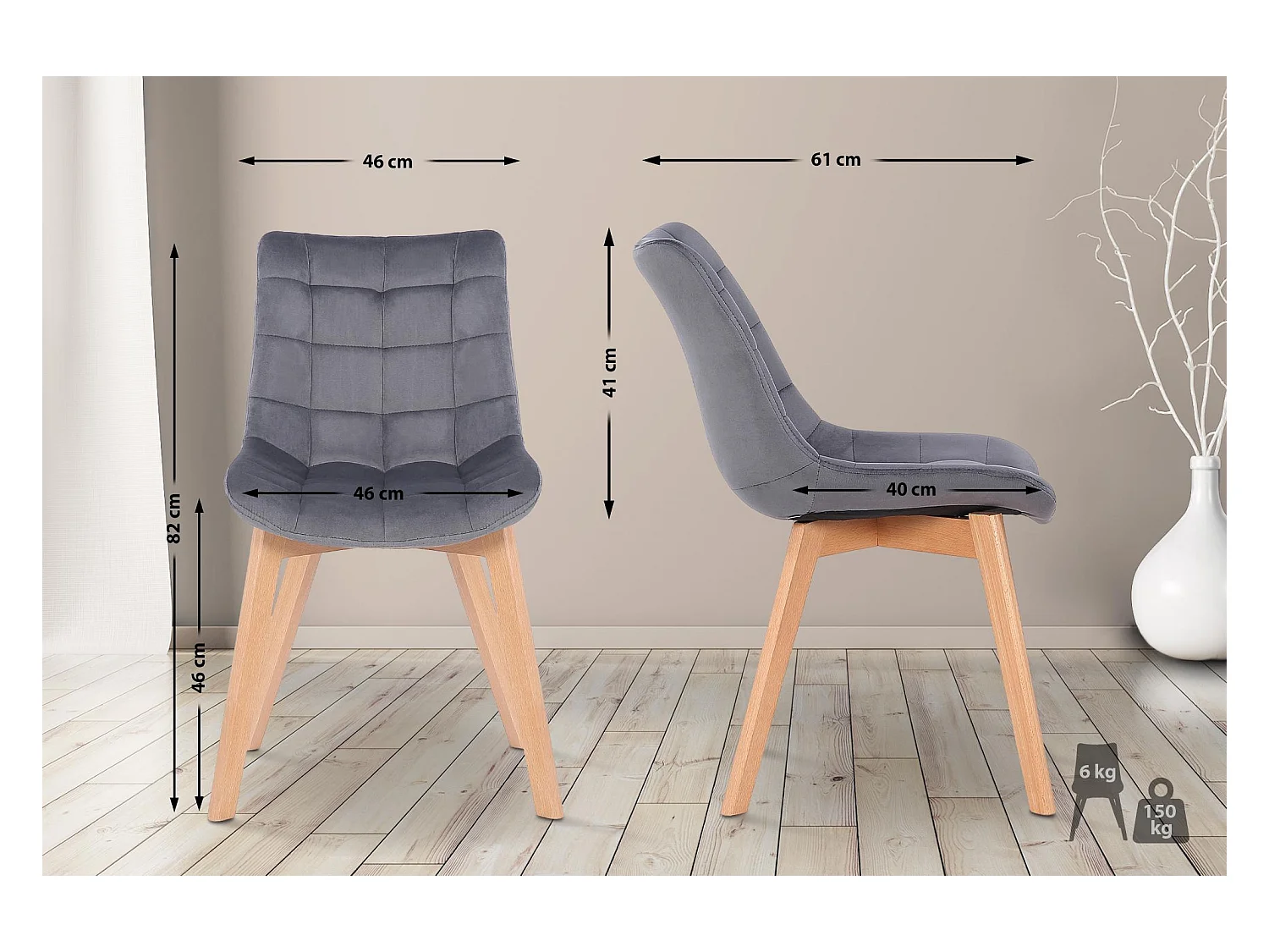 chaise salle à manger - Velours & Nature - Gris - Passaic