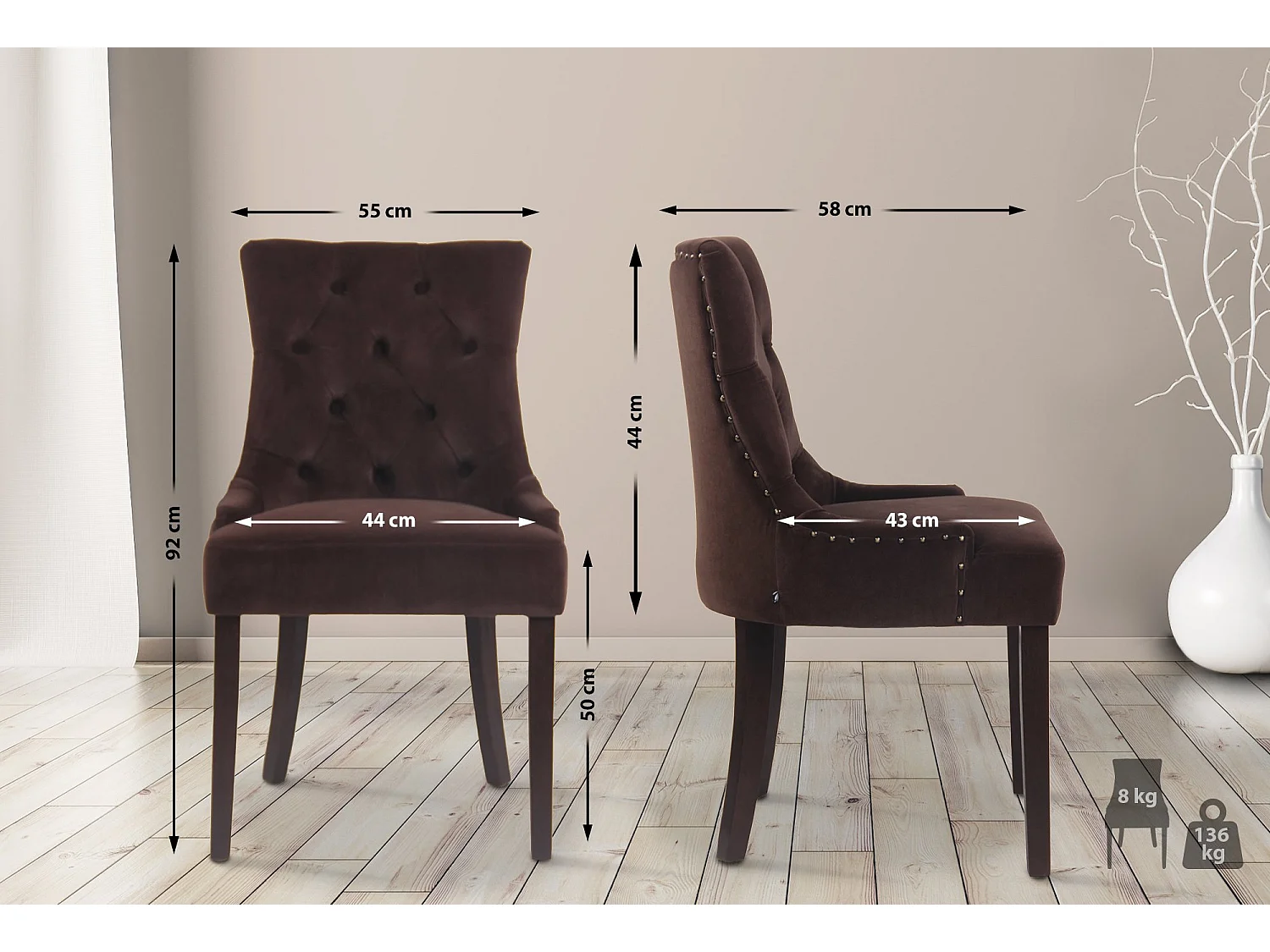 Lot de 4  chaise salle à manger - Velours & Antique - Marron - Aberdeen