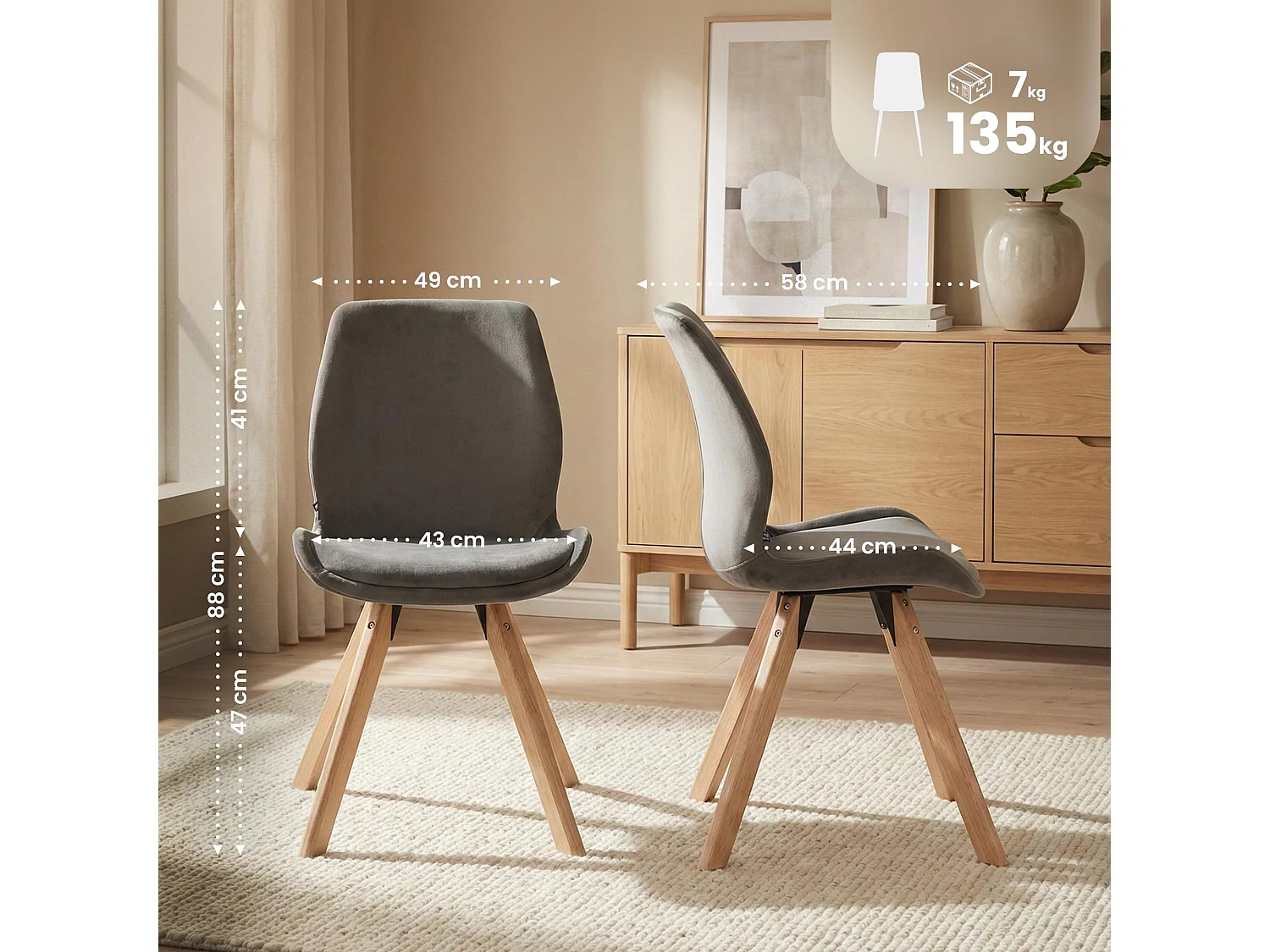 chaise salle à manger - Velours - Gris - Luna