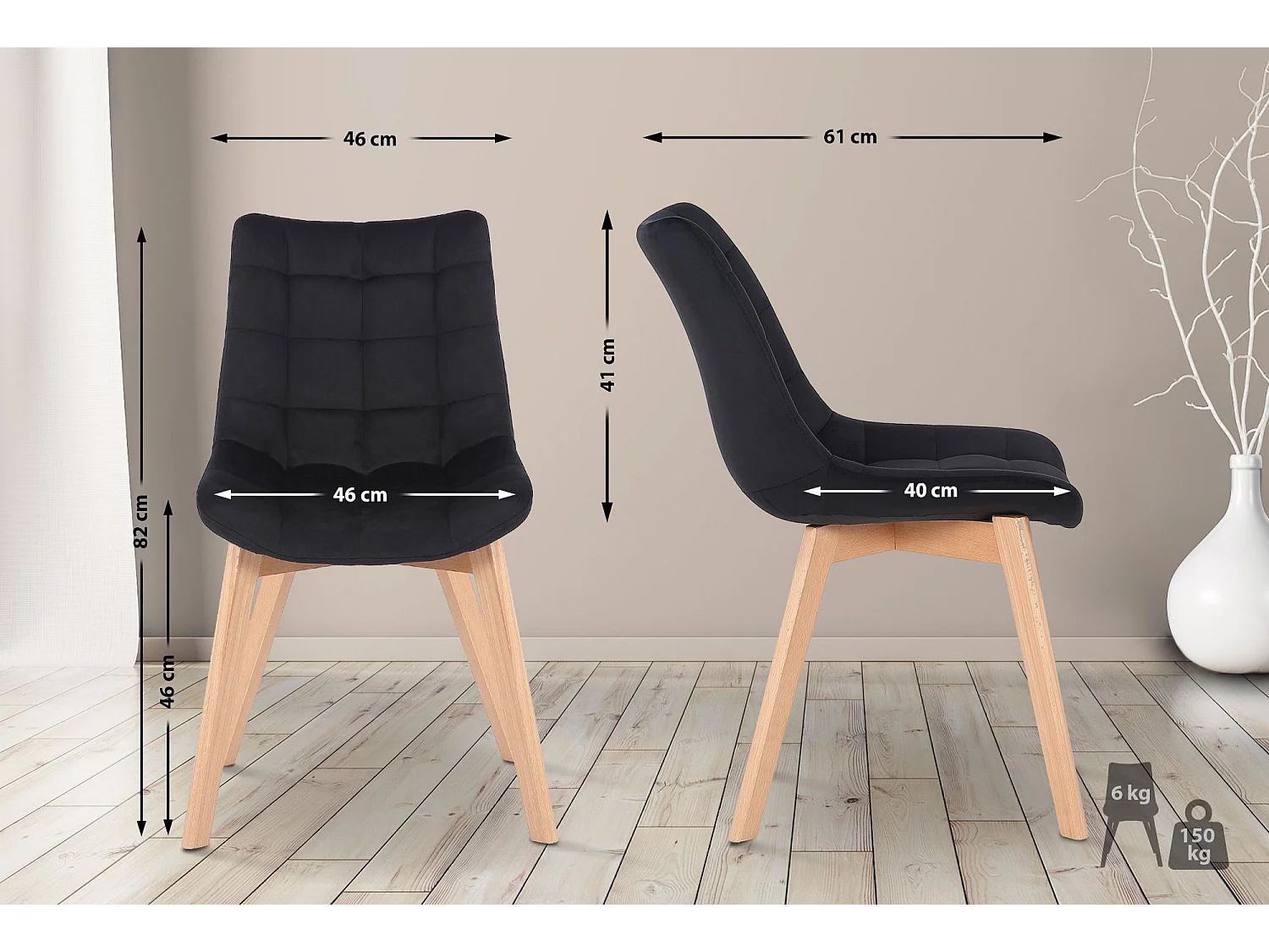 Lot de 2  chaise salle à manger - Velours - Noir - Passaic