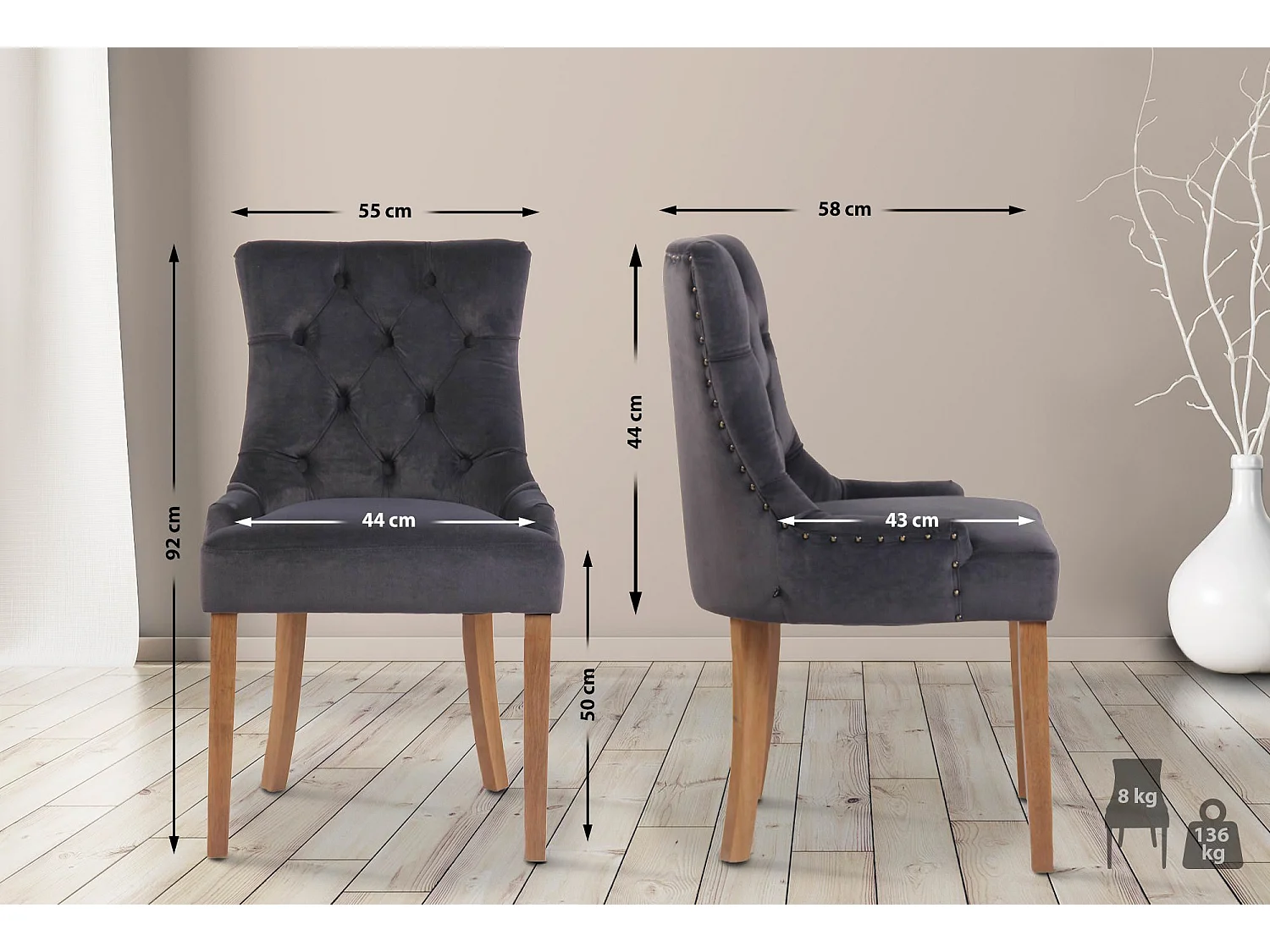 chaise salle à manger - Velours & Antique clair - Gris foncé - Aberdeen