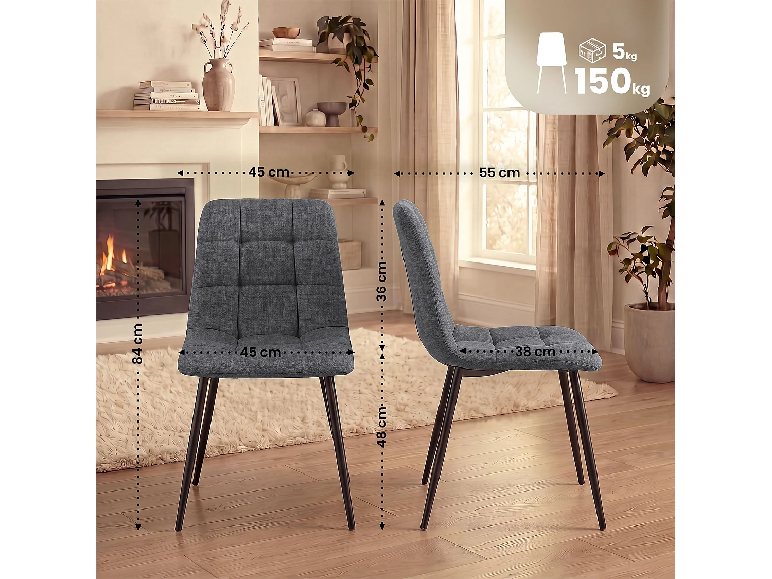 Lot de 2  chaise salle à manger - Tissu - Gris - Tilde
