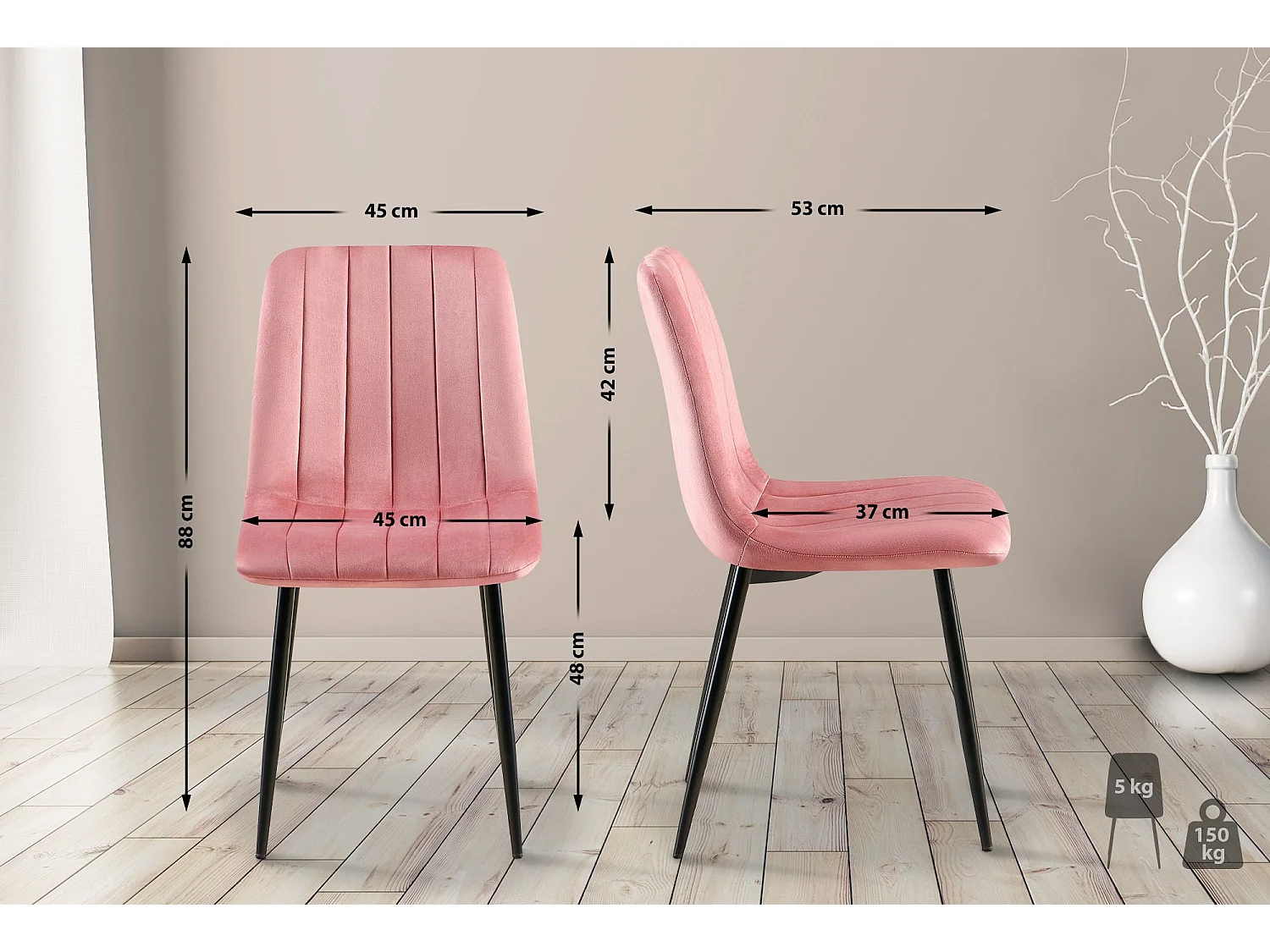 Lot de 4  chaise salle à manger - Velours - Rose - Dijon