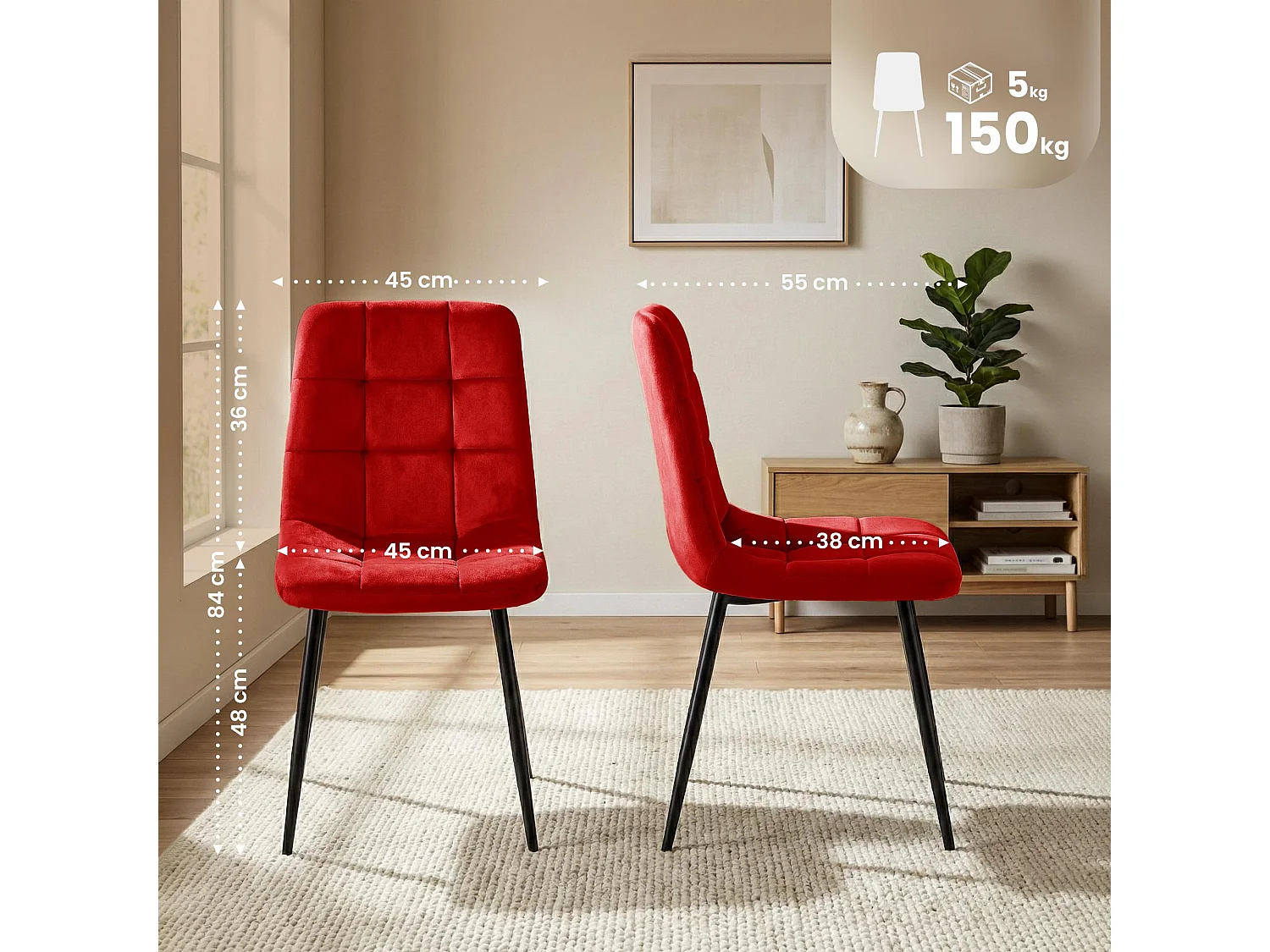 Lot de 4  chaise salle à manger - Velours - Rouge - Antibes