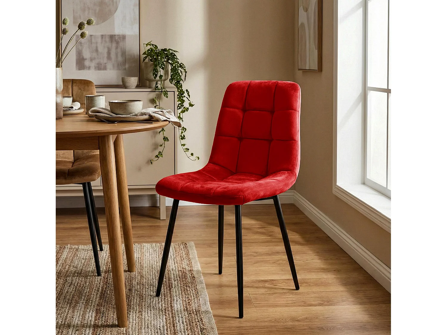 Lot de 4  chaise salle à manger - Velours - Rouge - Antibes