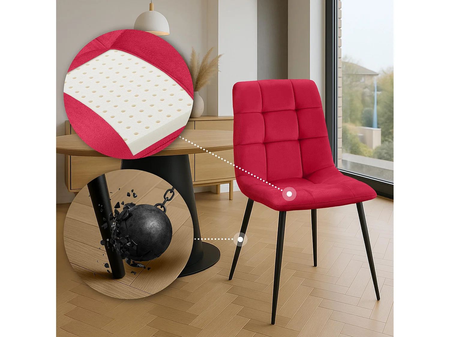 Lot de 4  chaise salle à manger - Velours - Rouge - Antibes