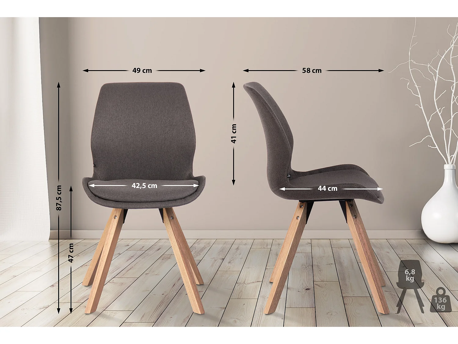 chaise salle à manger - Tissu - Gris foncé - Luna