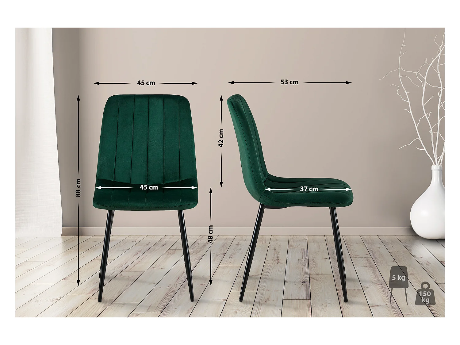 Lot de 4  chaise salle à manger - Tissu - Vert foncé - Dijon