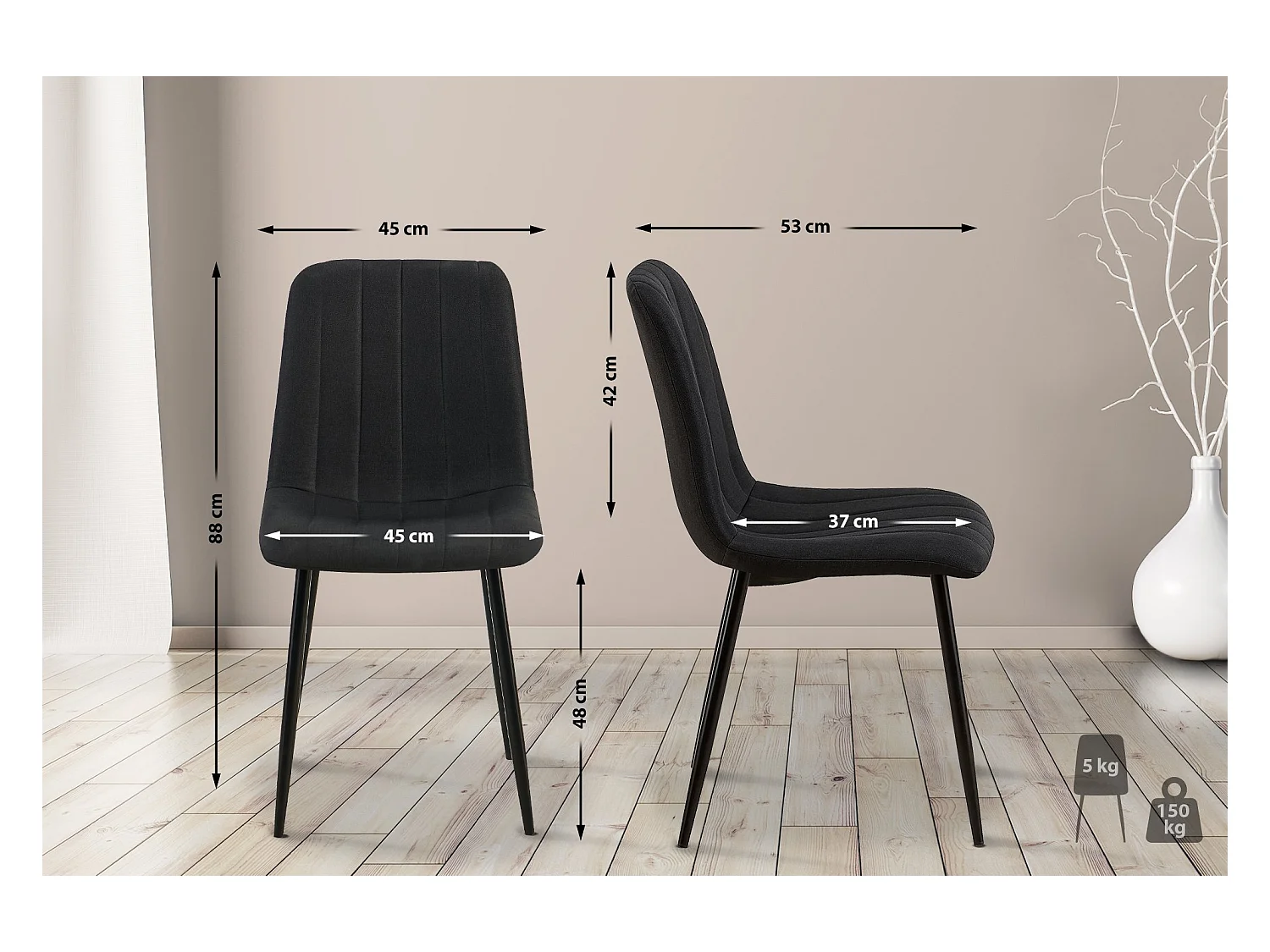 Lot de 4  chaise salle à manger - Tissu - Noir - Dijon