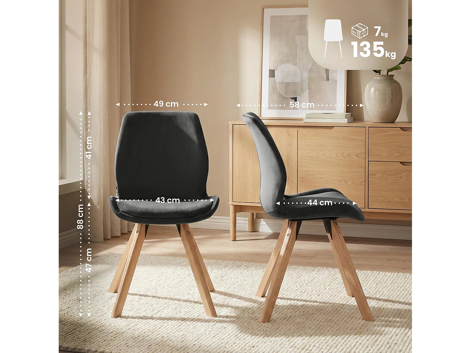 Lot de 2  chaise salle à manger - Velours - Gris foncé - Luna