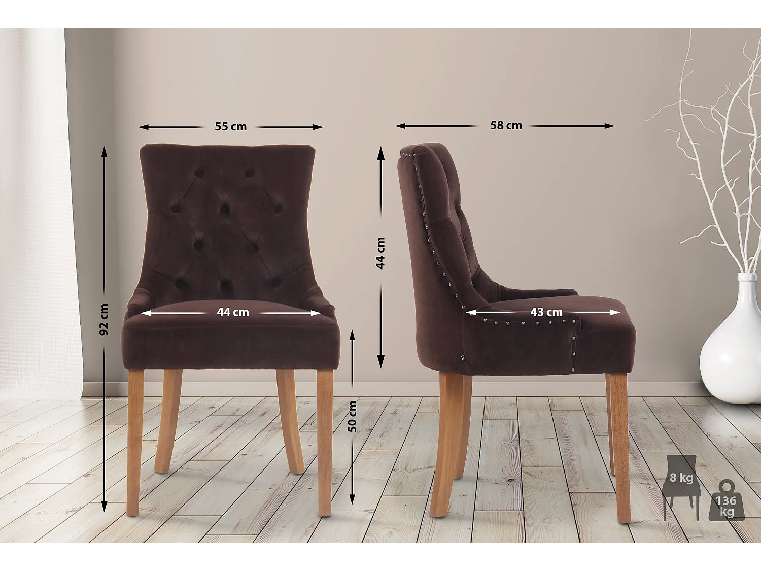 Lot de 4  chaise salle à manger - Velours & Antique clair - Marron - Aberdeen