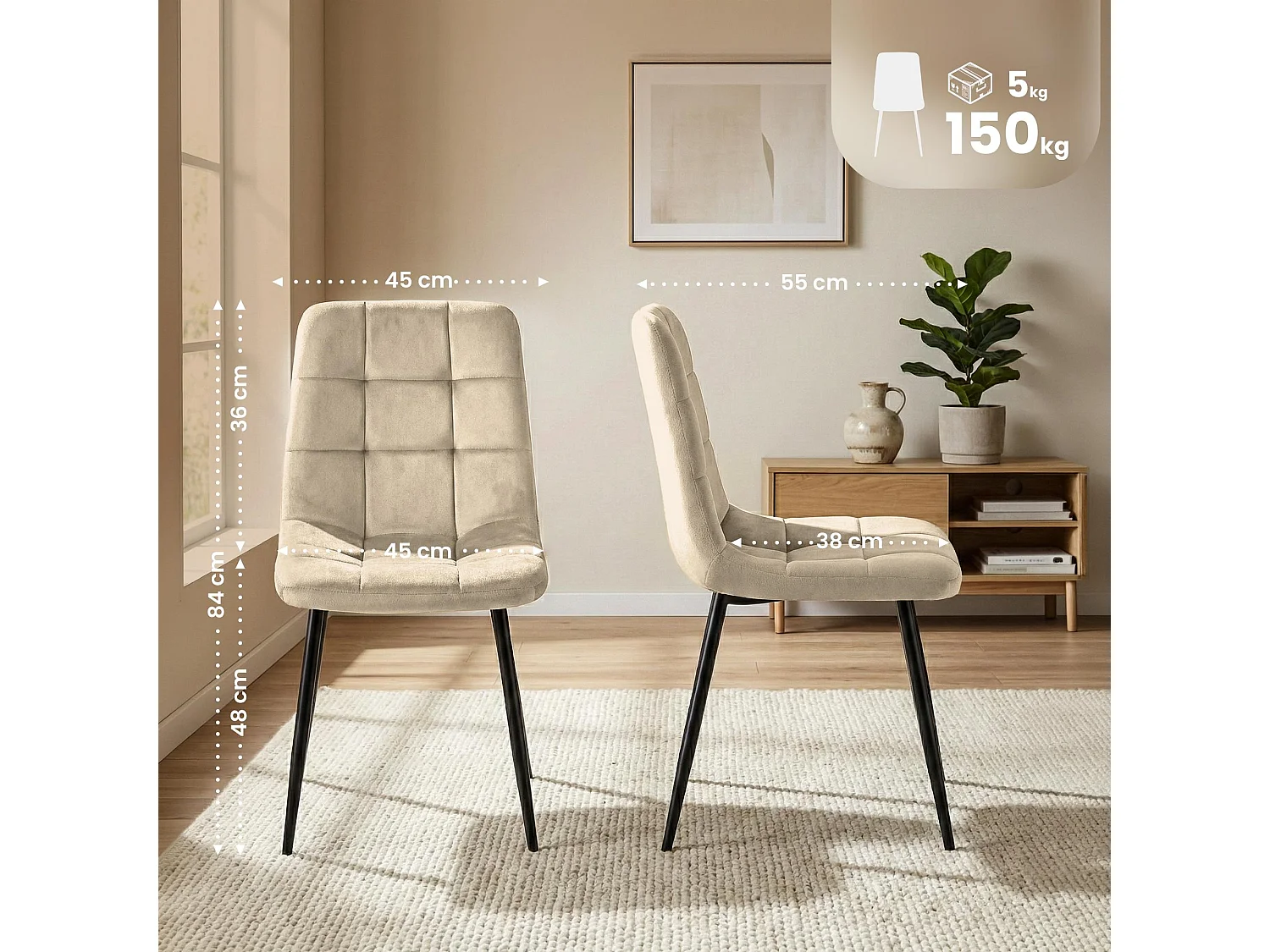 Lot de 4  chaise salle à manger - Velours - Blanc crème - Antibes