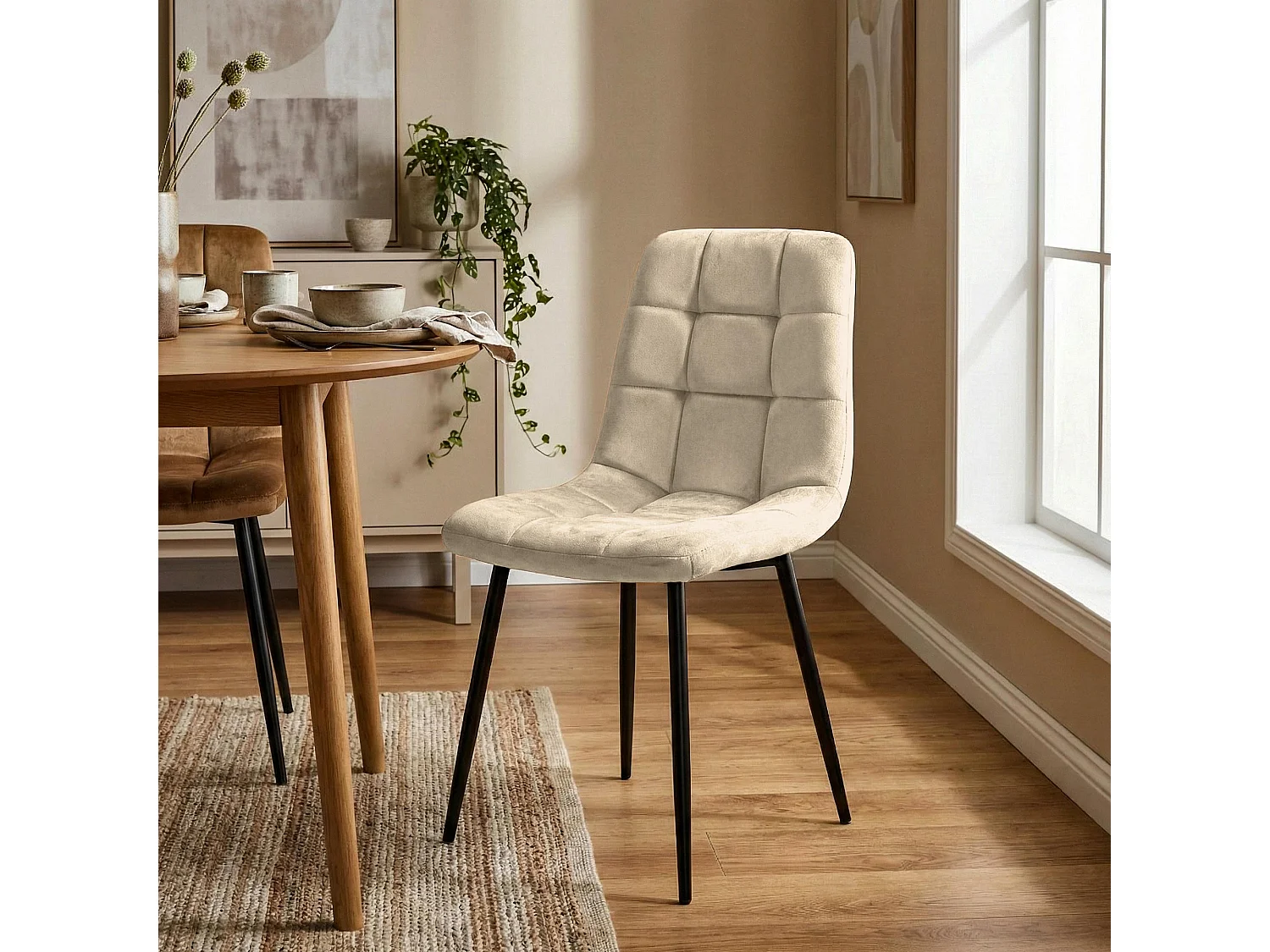 Lot de 4  chaise salle à manger - Velours - Blanc crème - Antibes
