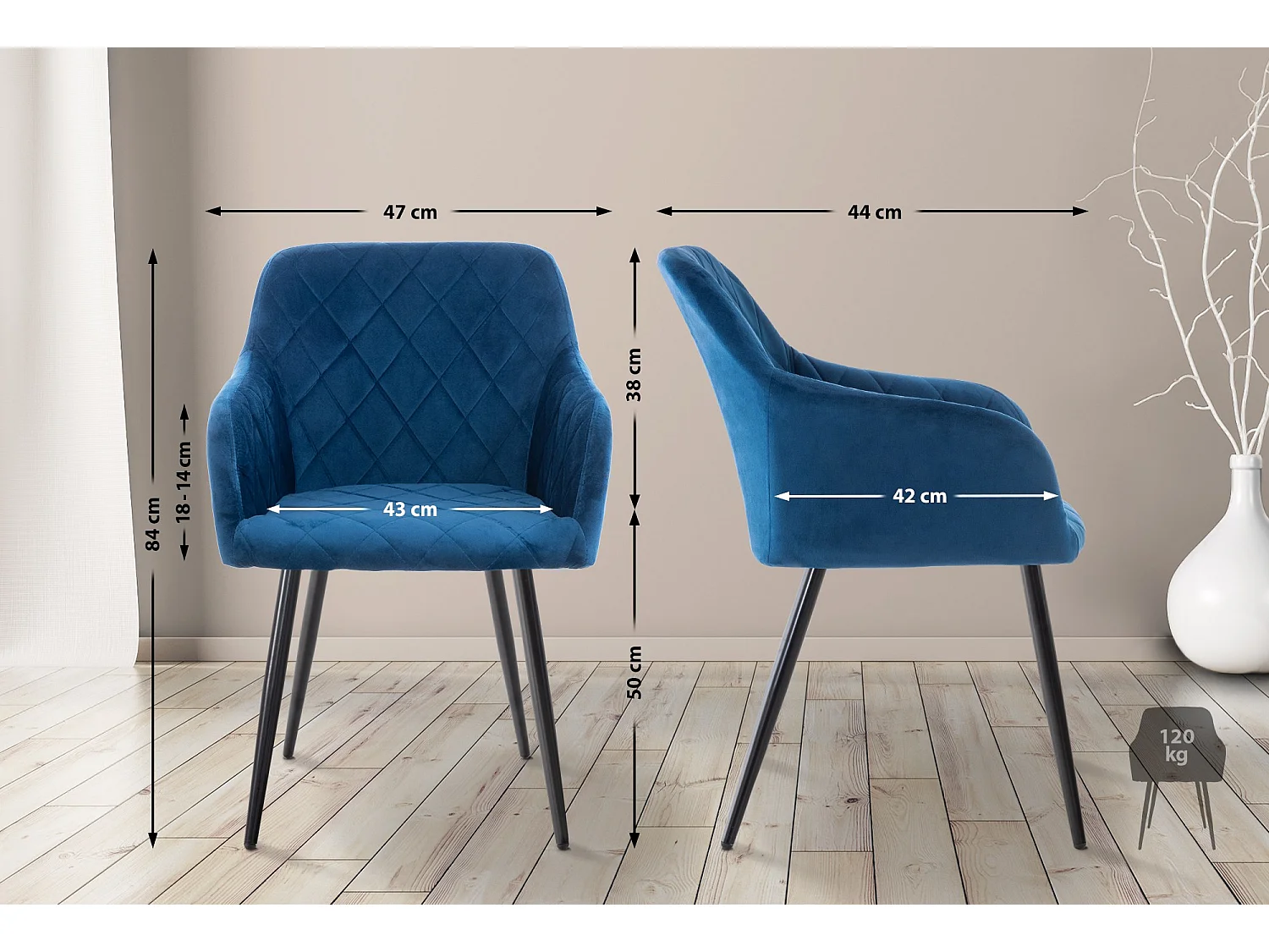 Lot de 4  chaises avec accoudoirs - Velours - Bleu - Shila