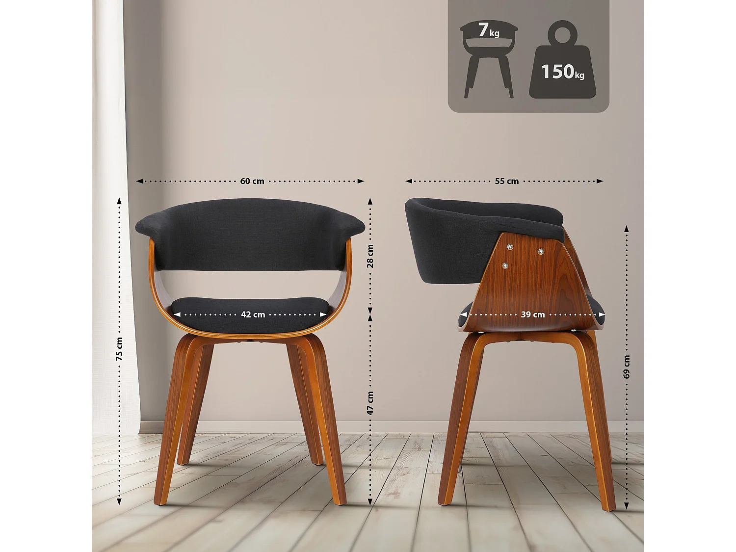 chaise salle à manger - Tissu & Noyer - Noir - Bruce