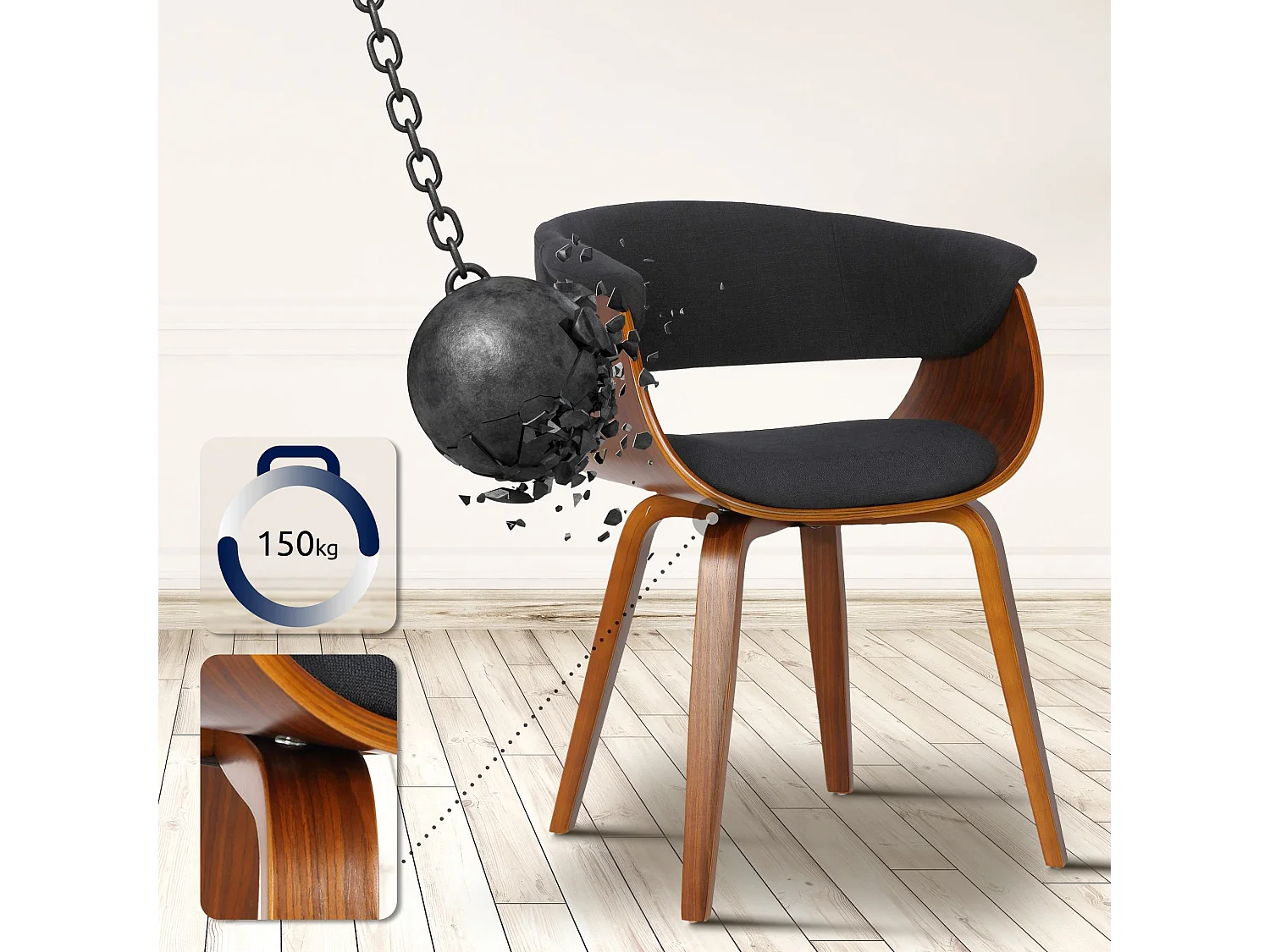 chaise salle à manger - Tissu & Noyer - Noir - Bruce