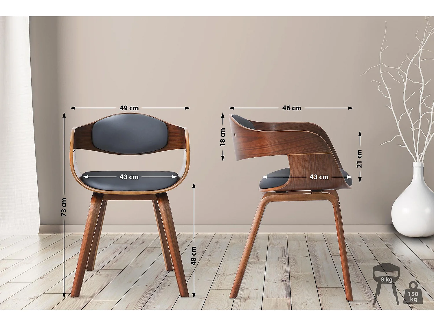 Lot de 2  chaises avec accoudoirs - Similicuir - Noyer / Gris - Kingston