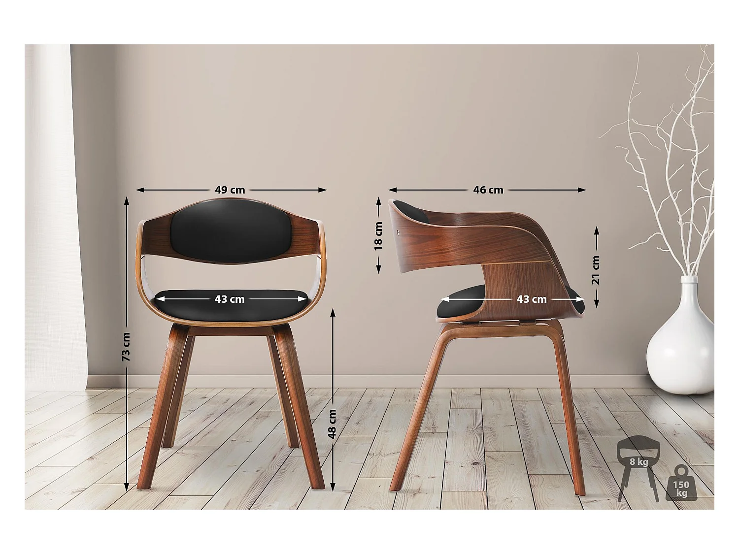 Lot de 2  chaises avec accoudoirs - Similicuir - Noyer / Noir - Kingston