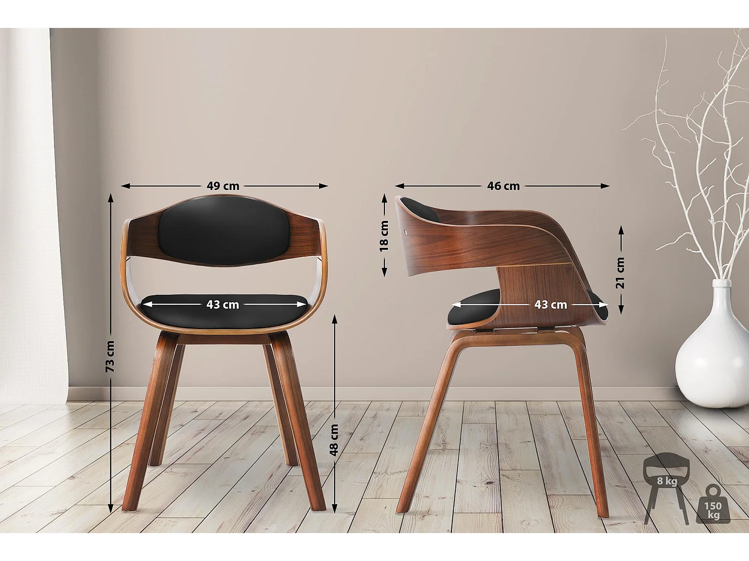 Lot de 2  chaises avec accoudoirs - Similicuir - Noyer / Noir - Kingston